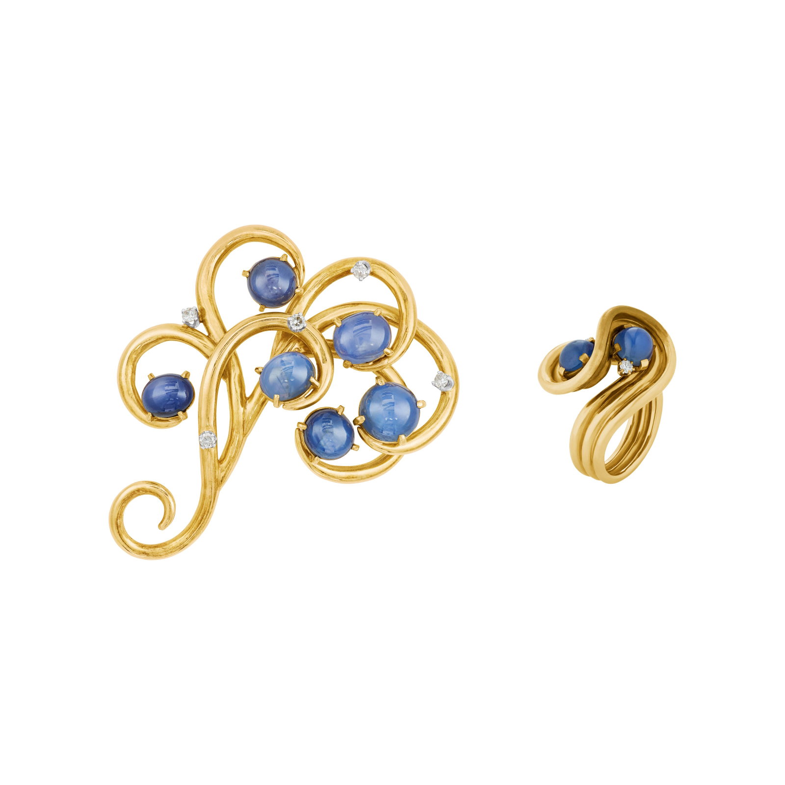 RETRO SET OF STAR SAPPHIRE AND DIAMOND JEWELRY: RETRO SET OF STAR SAPPHIRE AND DIAMOND JEWELRY Details Oval and round star sapphires, round diamonds, 14k yellow gold and platinum, circa 1945 Star sapphires (brooch): 6 oval and round cabochons with