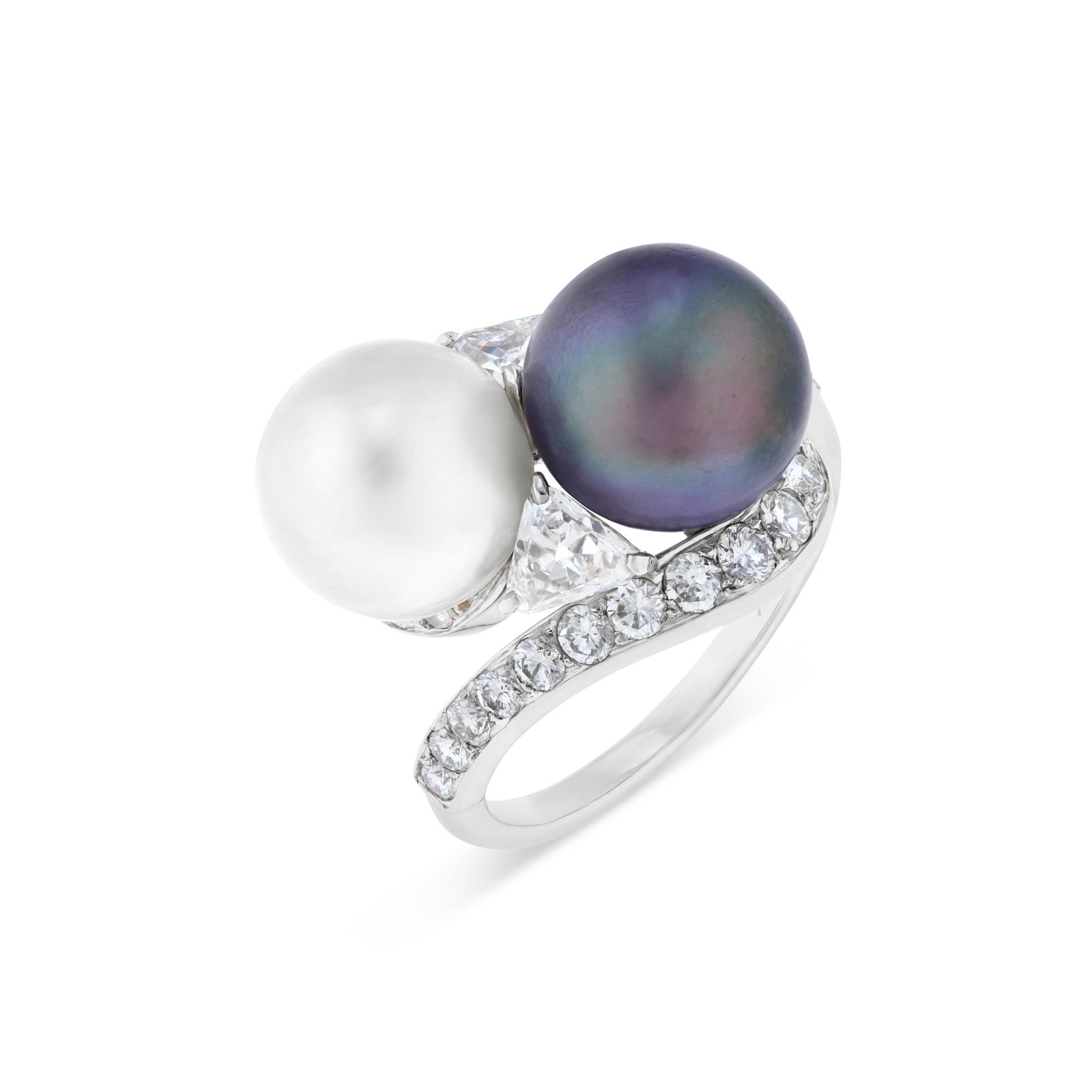 NATURAL PEARL, CULTURED PEARL AND DIAMOND RING, MOUNTED BY CARTIER: NATURAL PEARL, CULTURED PEARL AND DIAMOND RING, MOUNTED BY CARTIER Details Button-shaped natural pearl of 9.86 mm, button-shaped dark gray bead cultured pearl of 10.10 mm, round and triangular-shaped