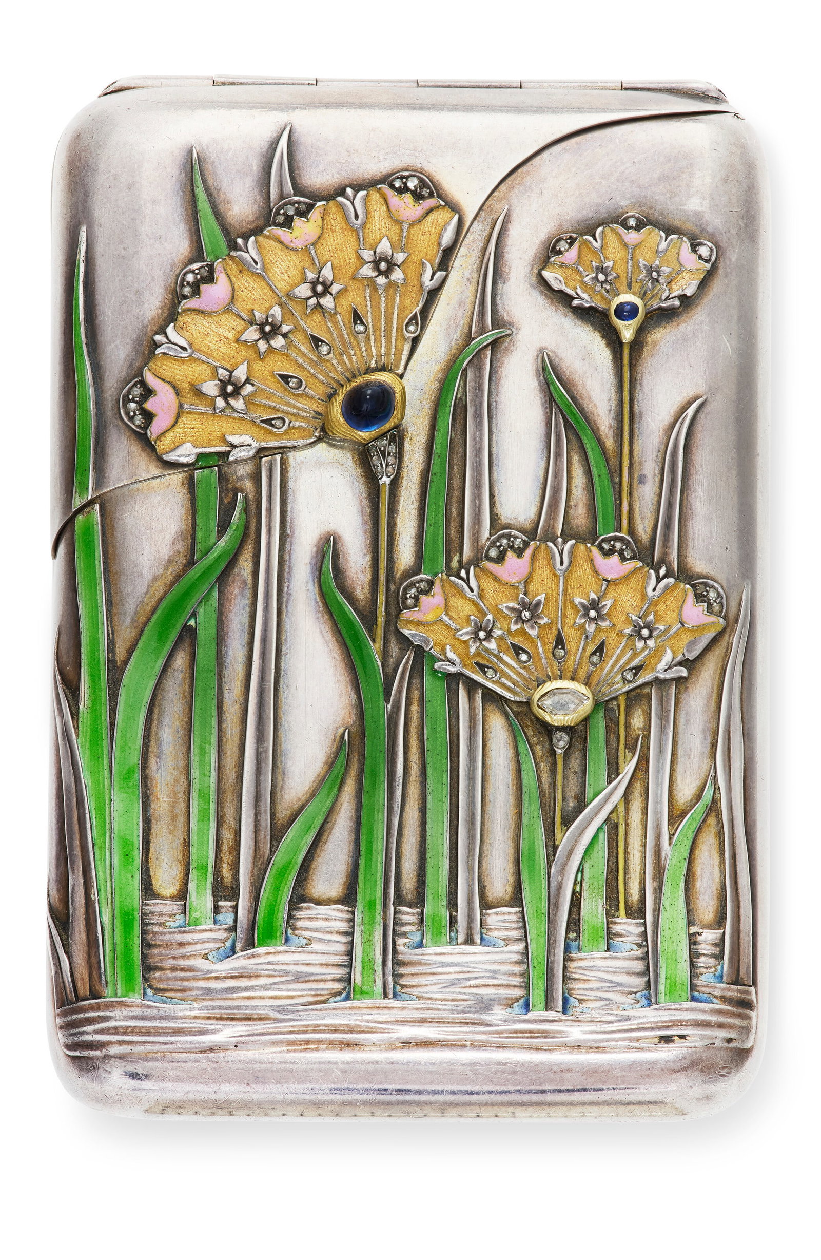 A RUSSIAN JEWELED AND ENAMEL SILVER CIGARETTE CASE BY BOLIN, WORKMASTER KONSTANTIN LINKE, MOSCOW, (1 of 2)