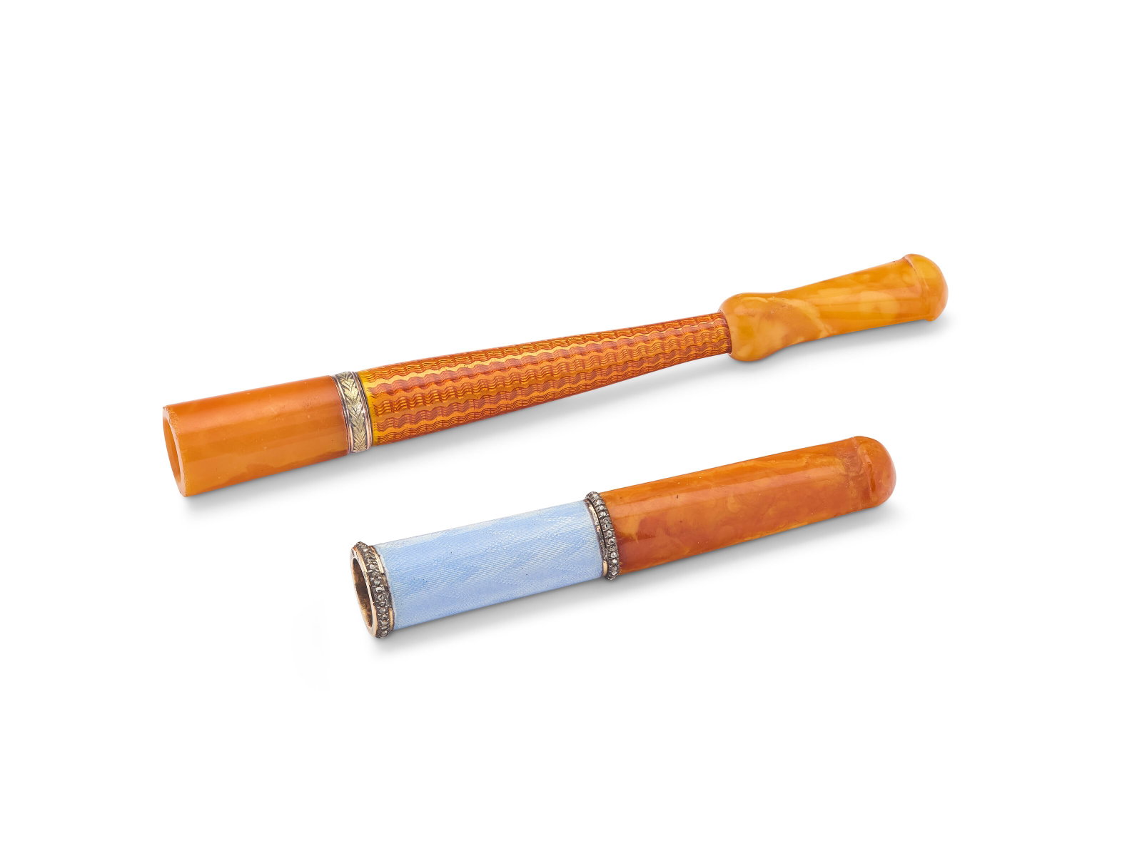 TWO JEWELED, GUILLOCHÉ ENAMEL AND GOLD-MOUNTED CIGARETTE HOLDERS THE BLUE HOLDER, BY (1 of 3)