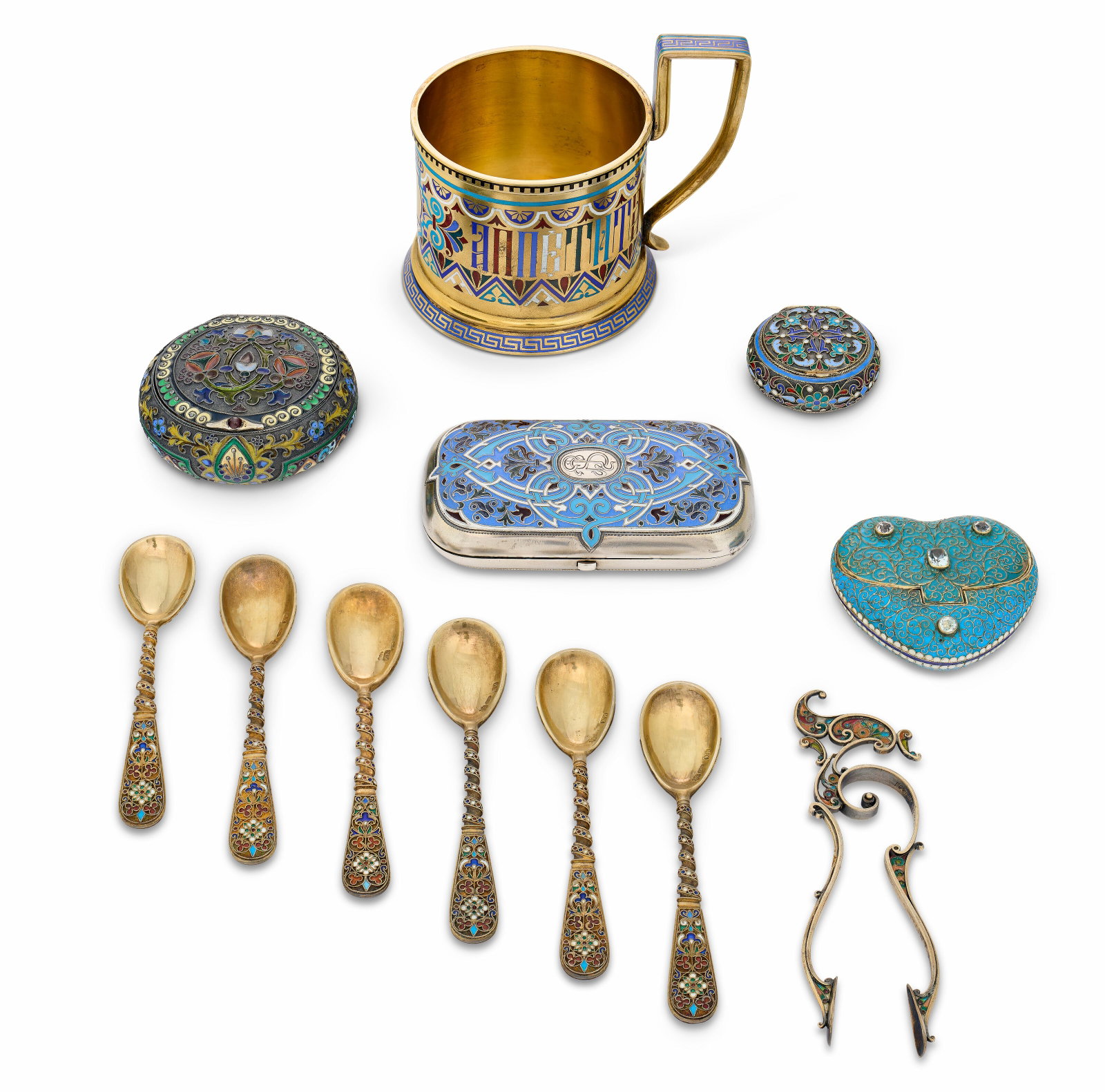 A GROUP OF RUSSIAN CLOISONNÉ, CHAMPLEVÉ AMD PLIQUE-À-JOUR ENAMEL SILVER TABLE (1 of 4)