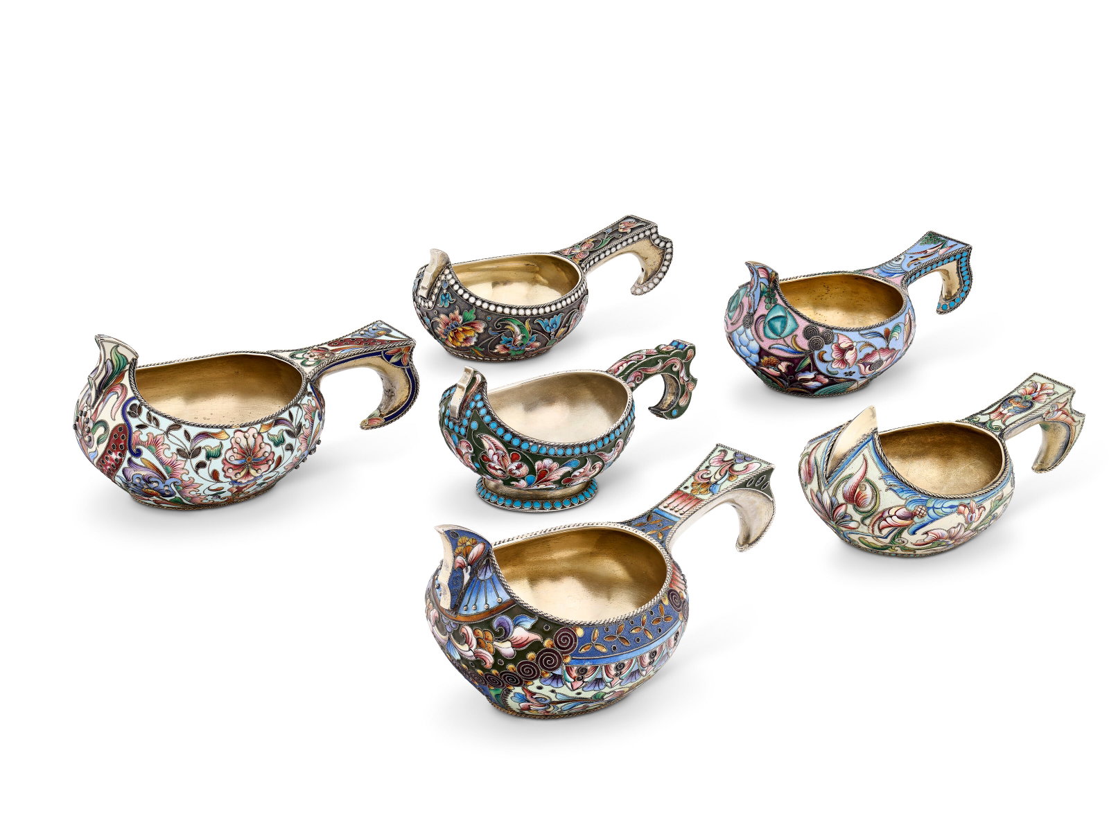 A GROUP OF SIX RUSSIAN SILVER-GILT AND CLOISONNÉ ENAMEL SMALL KOVSHI VARIOUS MAKERS, MOSCOW, (1 of 4)