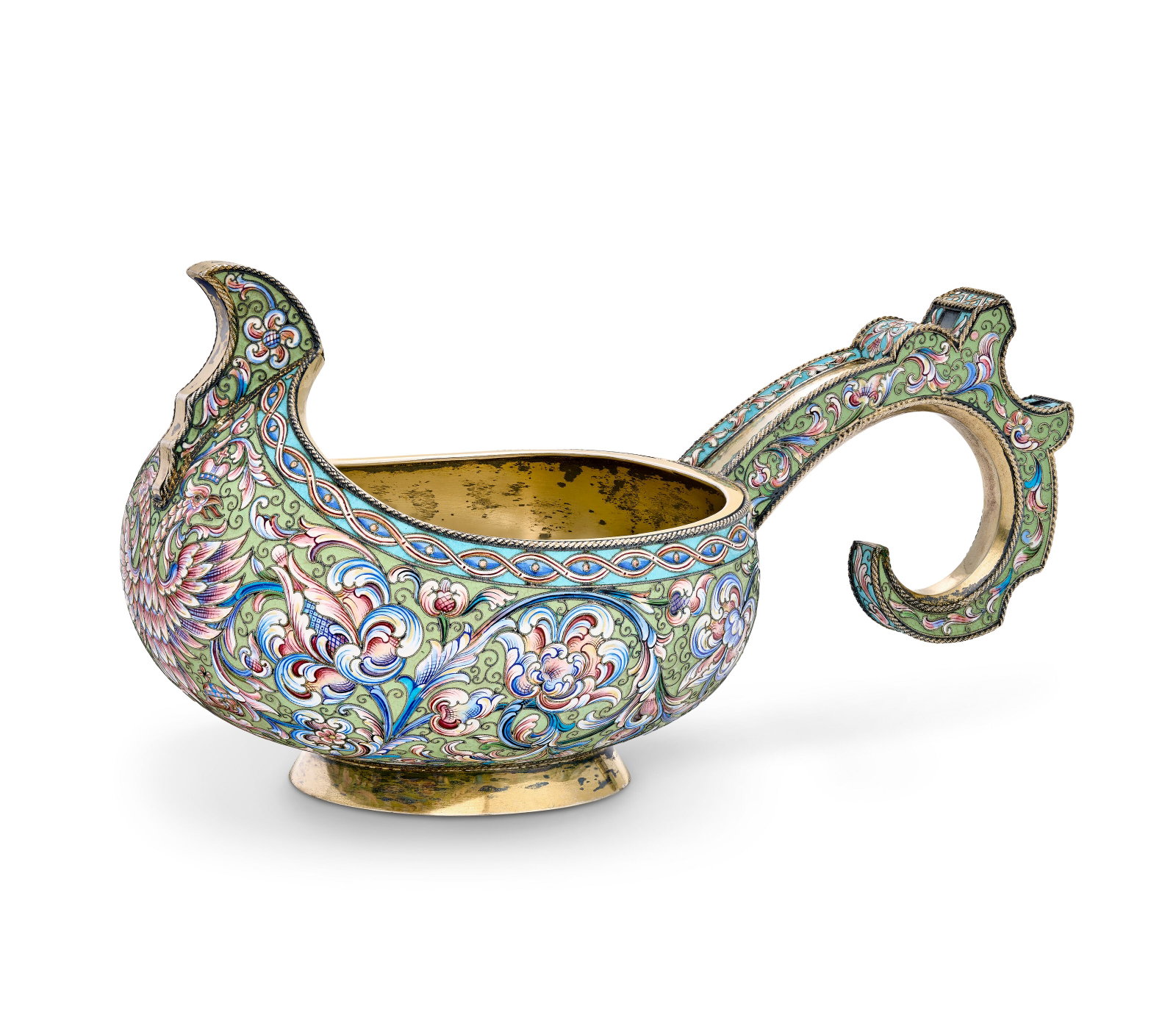 A RUSSIAN SILVER-GILT AND CLOISONNÉ ENAMEL KOVSH BY DMITRIY SMIRNOV, MOSCOW, 1899-1908 (1 of 4)