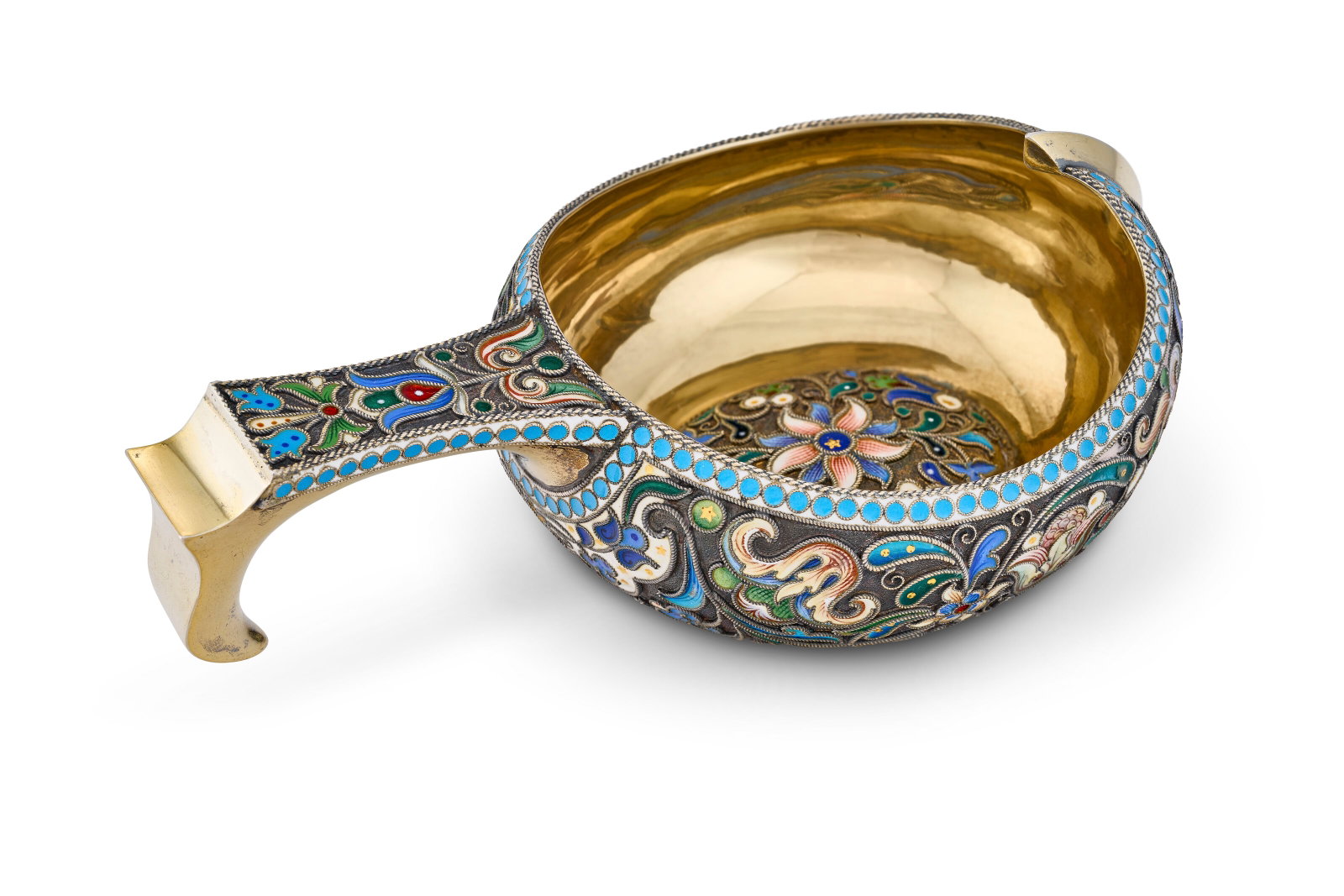 A RUSSIAN CLOISONNÉ ENAMEL SILVER-GILT KOVSH BY PAVEL OVCHINNIKOV, MOSCOW, CIRCA 1890 (1 of 4)