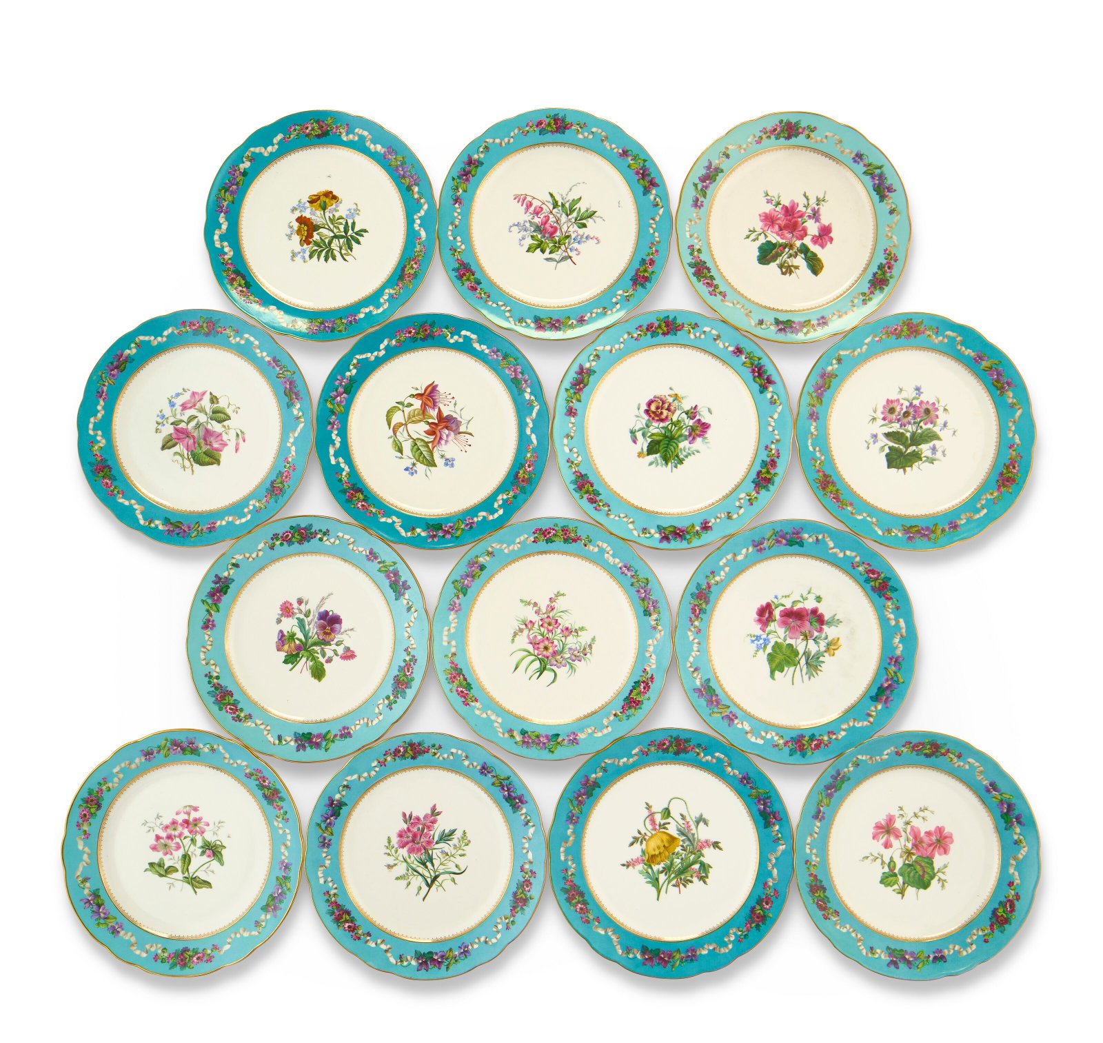 A SET OF FOURTEEN RUSSIAN PORCELAIN DINNER PLATES BY THE IMPERIAL PORCELAIN FACTORY, ST. PETERSBURG, (1 of 2)