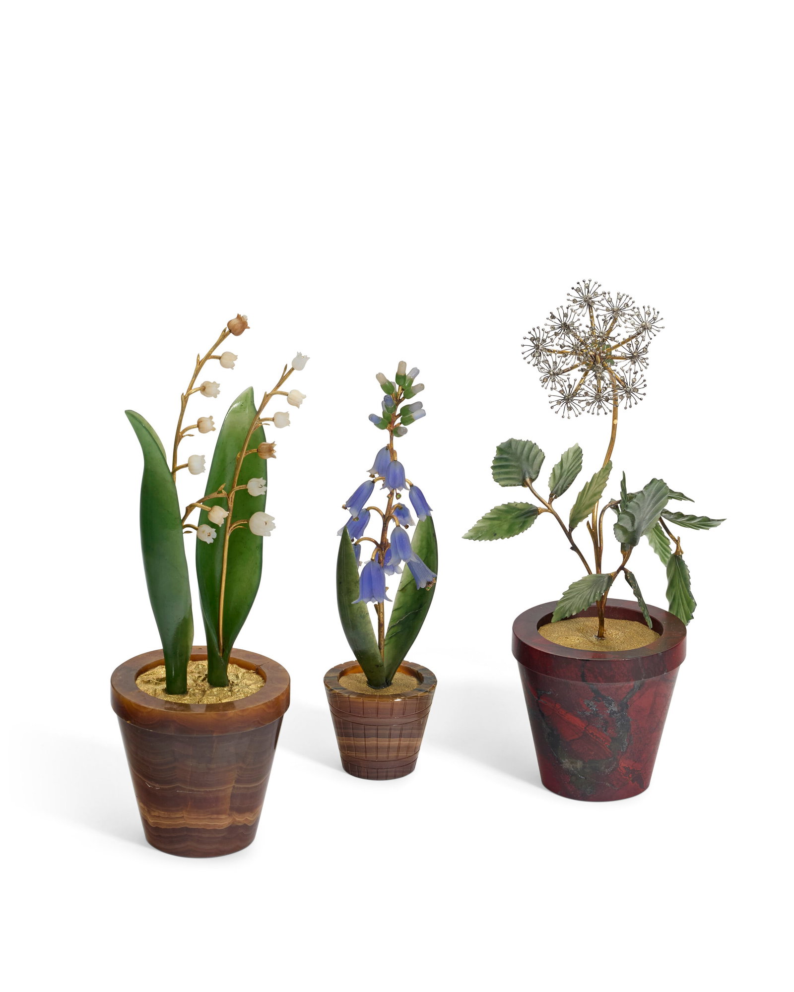 THREE JEWELED HARDSTONE AND GOLD-MOUNTED FLOWER STUDIES IN THE STYLE OF FABERGÉ, MID-20TH (1 of 4)