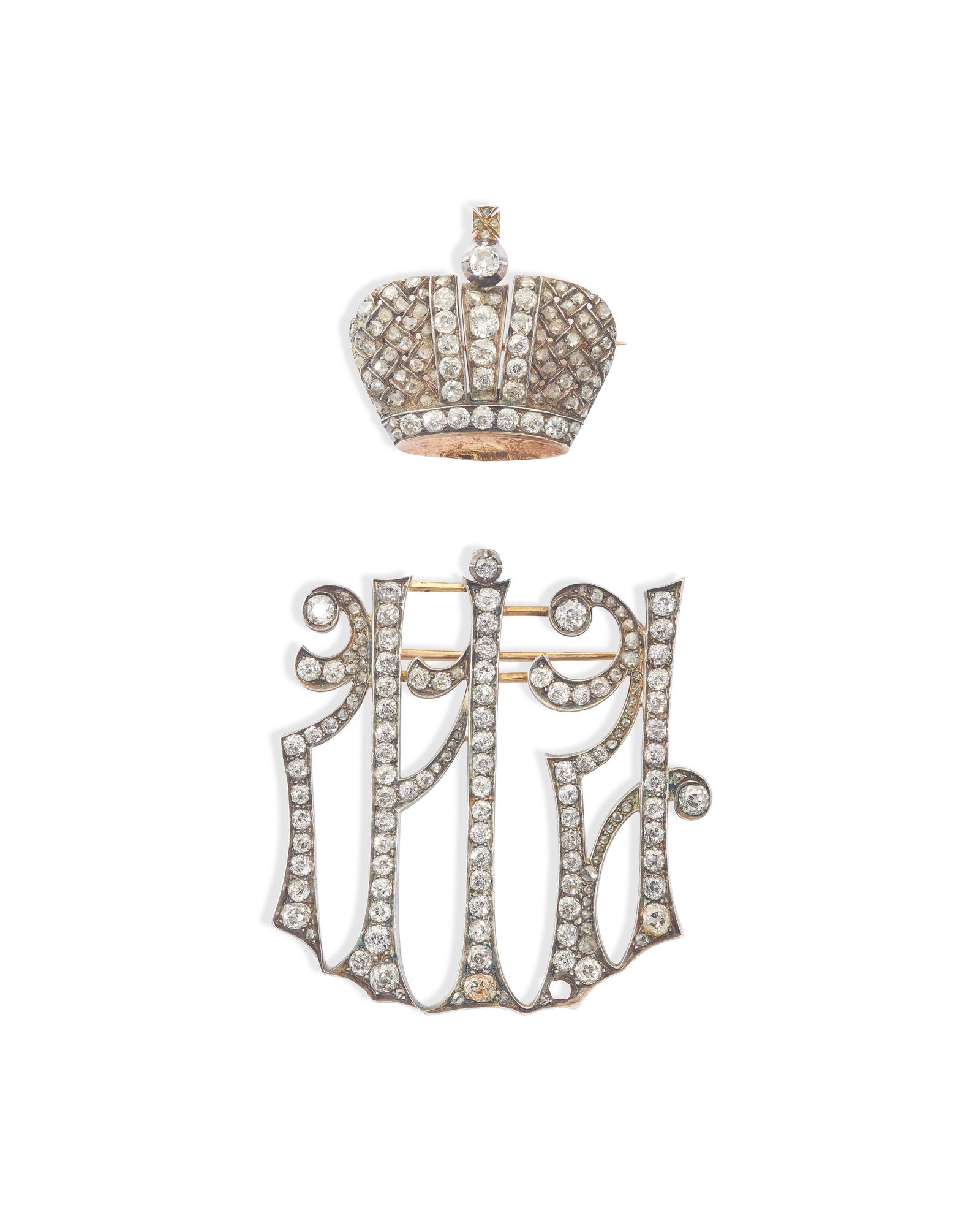 A DIAMOND SILVER AND GOLD MAID OF HONOR CYPHER CONVERTED INTO TWO BROOCHES ST. PETERSBURG, CIRCA (1 of 4)