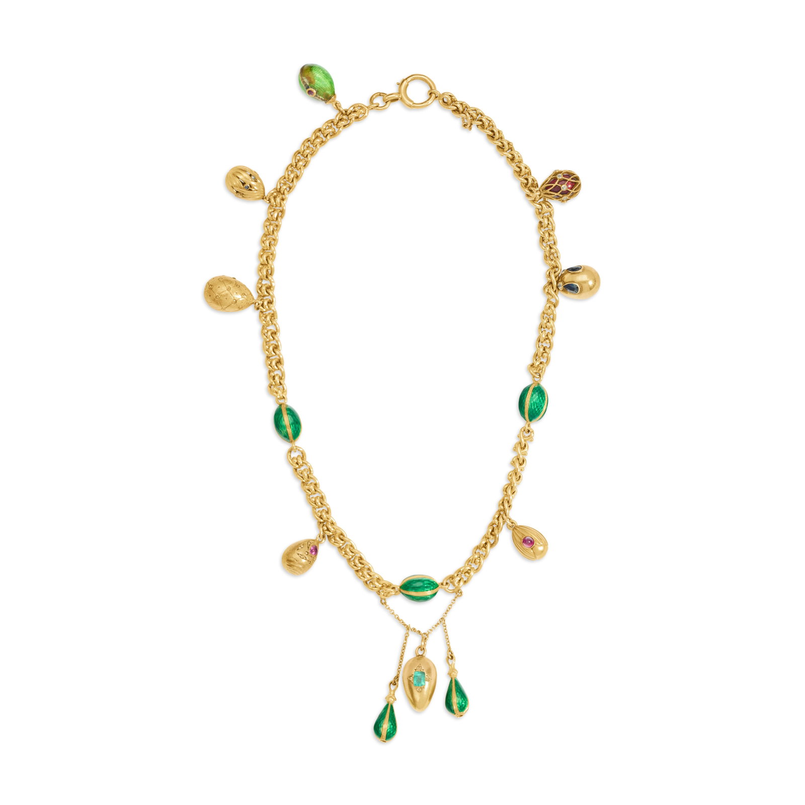 A NECKLACE OF EIGHT JEWELED, ENAMELED GOLD EGG PENDANTS RUSSIAN AND CONTINENTAL, LATE 19TH / EARLY (1 of 2)
