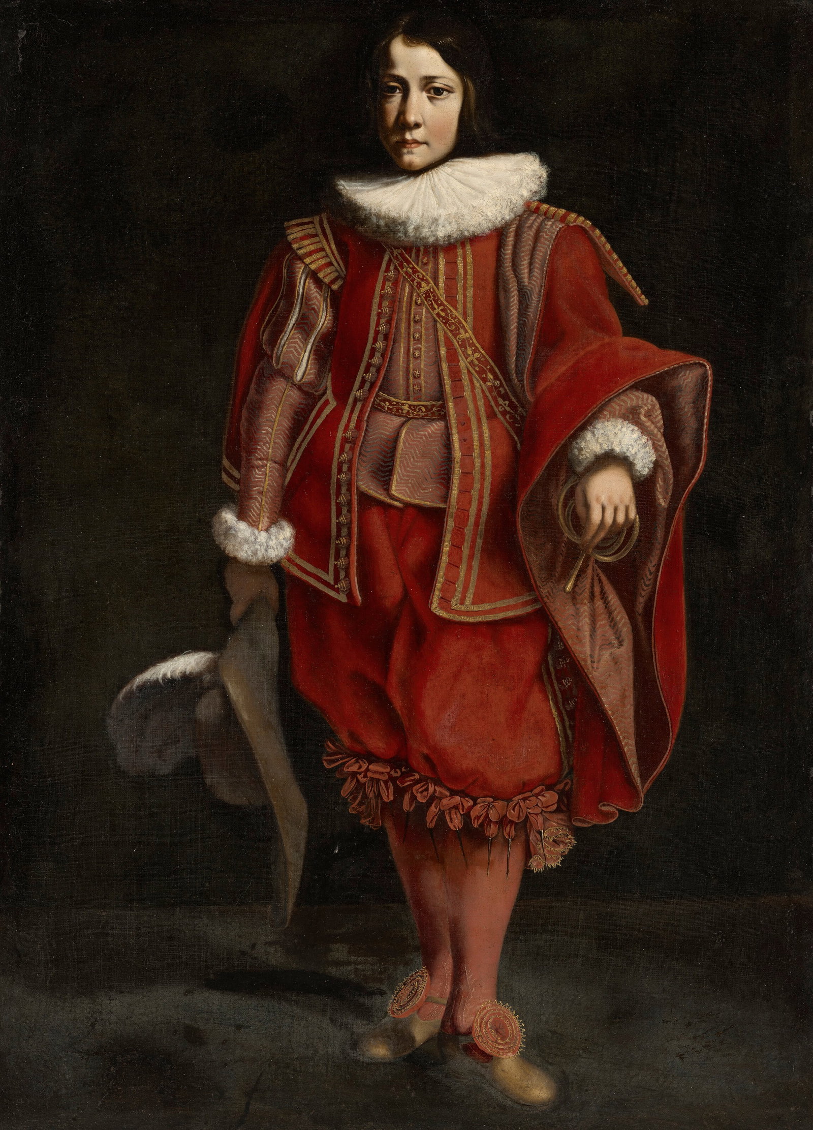 MANNER OF LUIGI MIRADORI, CALLED GENOVESINO Portrait of a boy, full length, wearing a crimson and: MANNER OF LUIGI MIRADORI, CALLED GENOVESINO Portrait of a boy, full length, wearing a crimson and gold doublet and hose and a large ruff Details MANNER OF LUIGI MIRADORI, CALLED GENOVESINO Portrait of