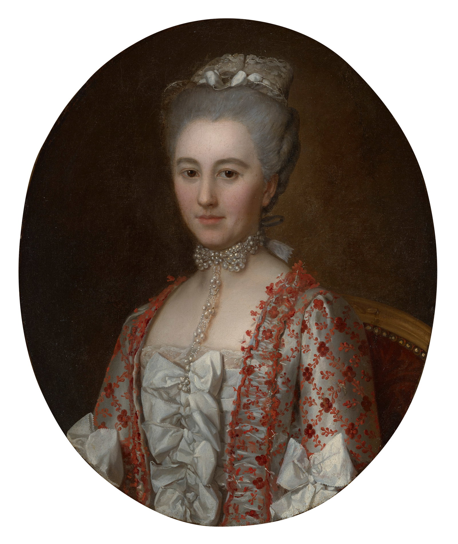CIRCLE OF FRANÇOIS-HUBERT DROUAIS (Paris 1727-1775) Portrait of a lady, half-length, seated,: CIRCLE OF FRANÇOIS-HUBERT DROUAIS (Paris 1727-1775) Portrait of a lady, half-length, seated, wearing, a silk gown with coral-colored embellishments, a white stomacher decorated with silk bows and