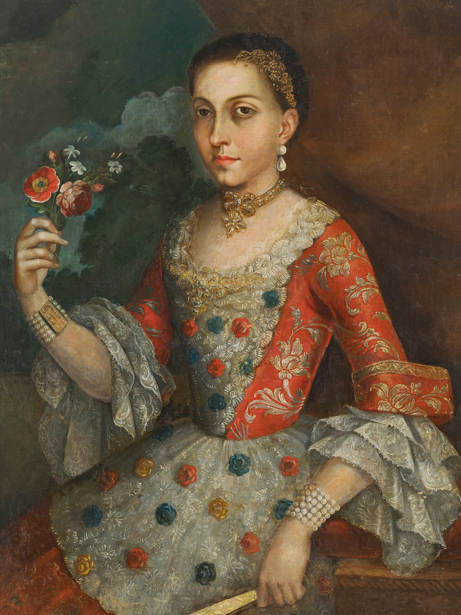 ANONYMOUS (MEXICAN SCHOOL, 18TH CENTURY) Woman with fan and flowers (1 of 4)