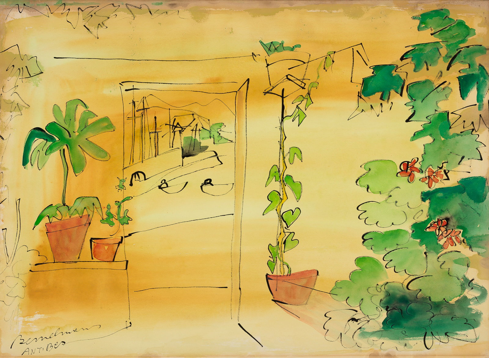 LUDWIG BEMELMANS (1898-1962) Antibes: LUDWIG BEMELMANS (1898-1962) Antibes Details LUDWIG BEMELMANS (1898-1962) Antibes signed 'Bemelmans' and inscribed with title (lower left) watercolor and ink on paper 22 x 293⁄4 in. (55.9 x 75.6