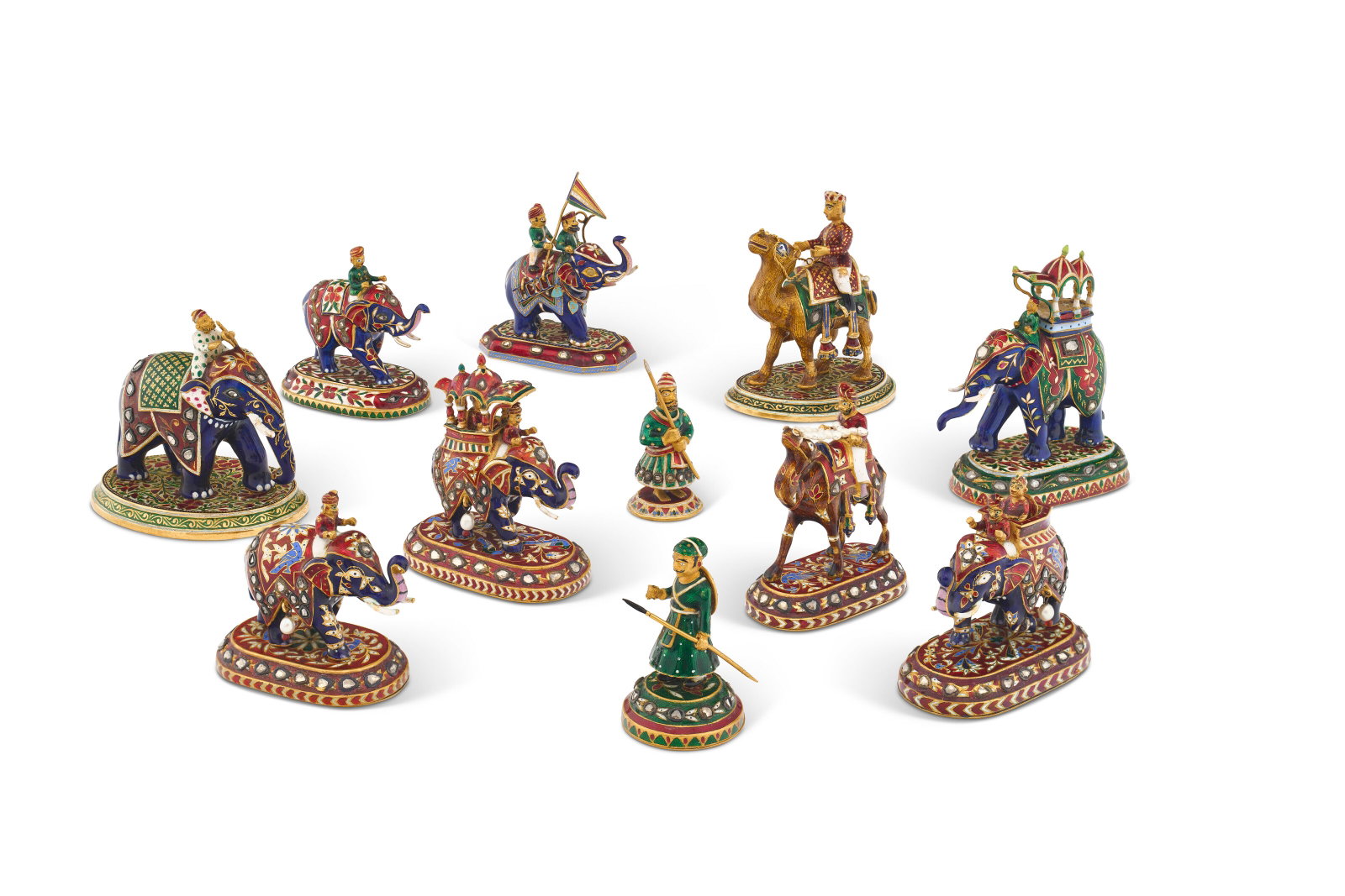 A GROUP OF ELEVEN INDIAN PEARL AND DIAMOND-SET GOLD AND ENAMEL CHESS PIECES PROBABLY JAIPUR, LATE: A GROUP OF ELEVEN INDIAN PEARL AND DIAMOND-SET GOLD AND ENAMEL CHESS PIECES PROBABLY JAIPUR, LATE 19TH/EARLY 20TH CENTURY Details Comprising seven elephants, two camels, and two figures, all enameled 