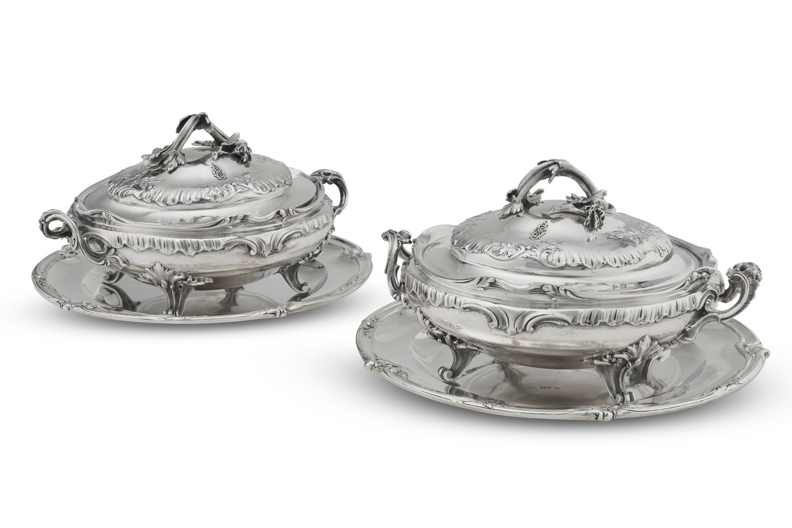 A MATCHED PAIR OF FRENCH SILVER VEGETABLE TUREENS, COVERS AND STANDS PARIS, 1894-1904, ONE STAND (1 of 2)