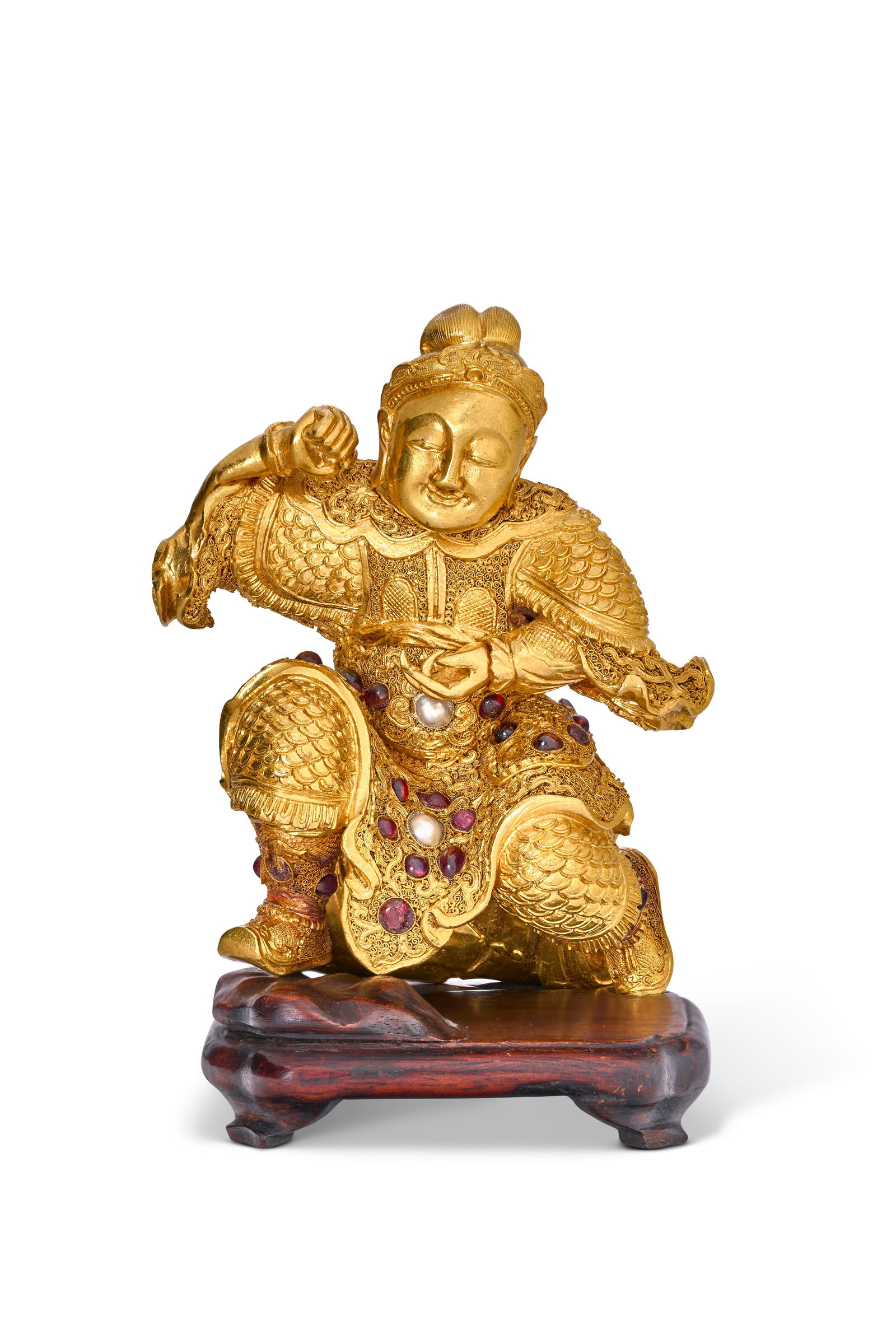 A CHINESE GEM-SET GOLD KNEELING FIGURE PROBABLY QING DYNASTY, LATE 18TH/EARLY 19TH CENTURY: A CHINESE GEM-SET GOLD KNEELING FIGURE PROBABLY QING DYNASTY, LATE 18TH/EARLY 19TH CENTURY Details Fully modeled with cast and filigree robes set with rubies, spinels, cultured pearls, and a sapphire,