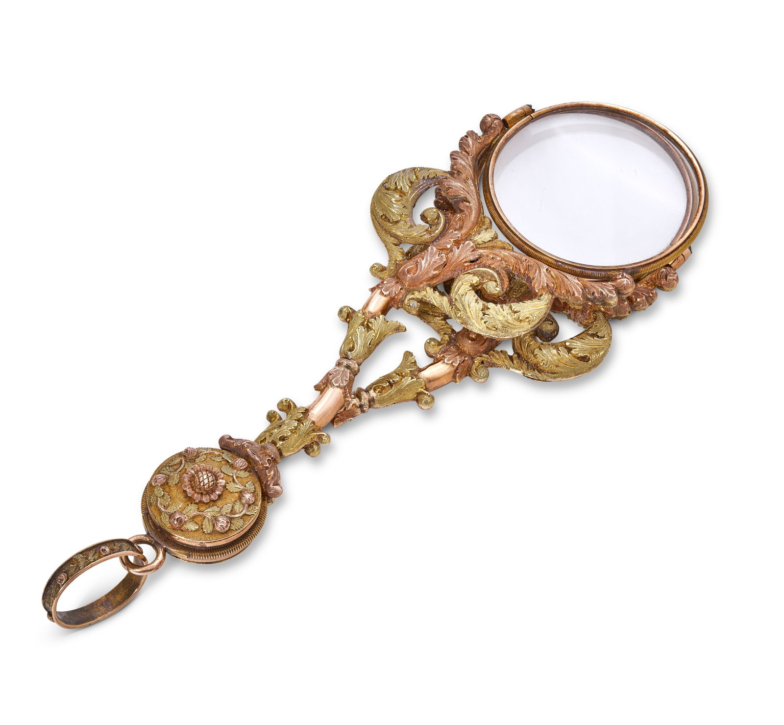 A CONTINENTAL THREE-COLOR GOLD LORGNETTE POSSIBLY AUSTRIAN, MID-19TH CENTURY: A CONTINENTAL THREE-COLOR GOLD LORGNETTE POSSIBLY AUSTRIAN, MID-19TH CENTURY Details Formed of two branches cast and chased as scrolling foliage in green, pink, and yellow gold, each terminating in a 