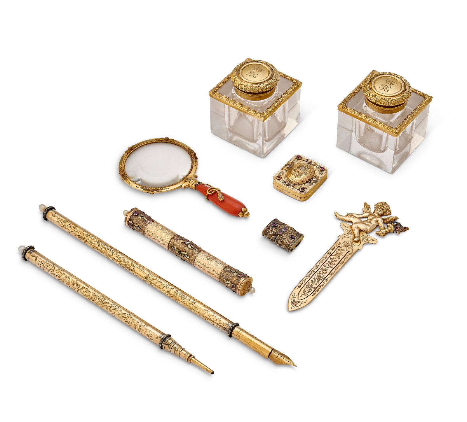 AN ASSEMBLED CONTINENTAL GEM-SET GOLD AND SILVER-GILT DESK SET POSSIBLY ITALIAN, EARLY 20TH CENTURY (1 of 3)
