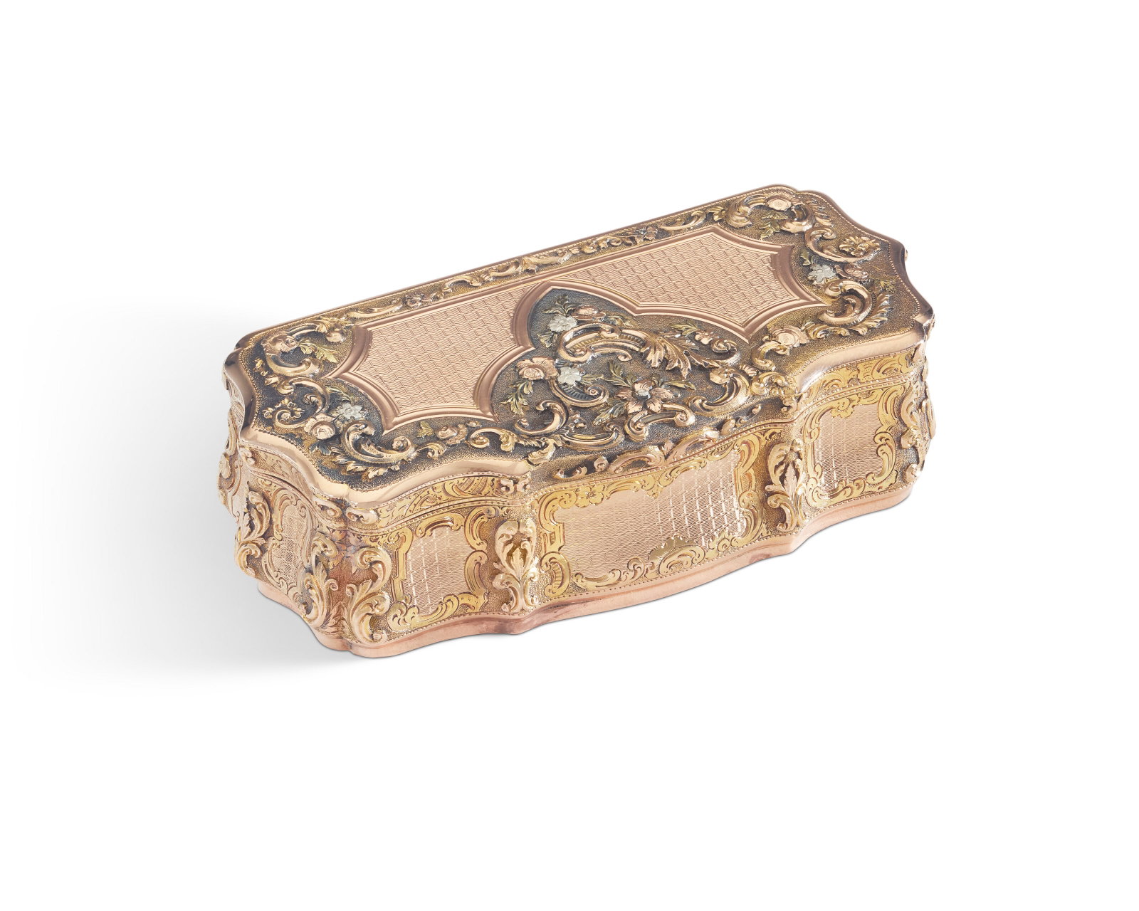 AN AUSTRIAN VARI-COLORED GOLD SNUFF BOX POSSIBLY BY THOMAS SCHEIDL, VIENNA, 1846 (1 of 2)