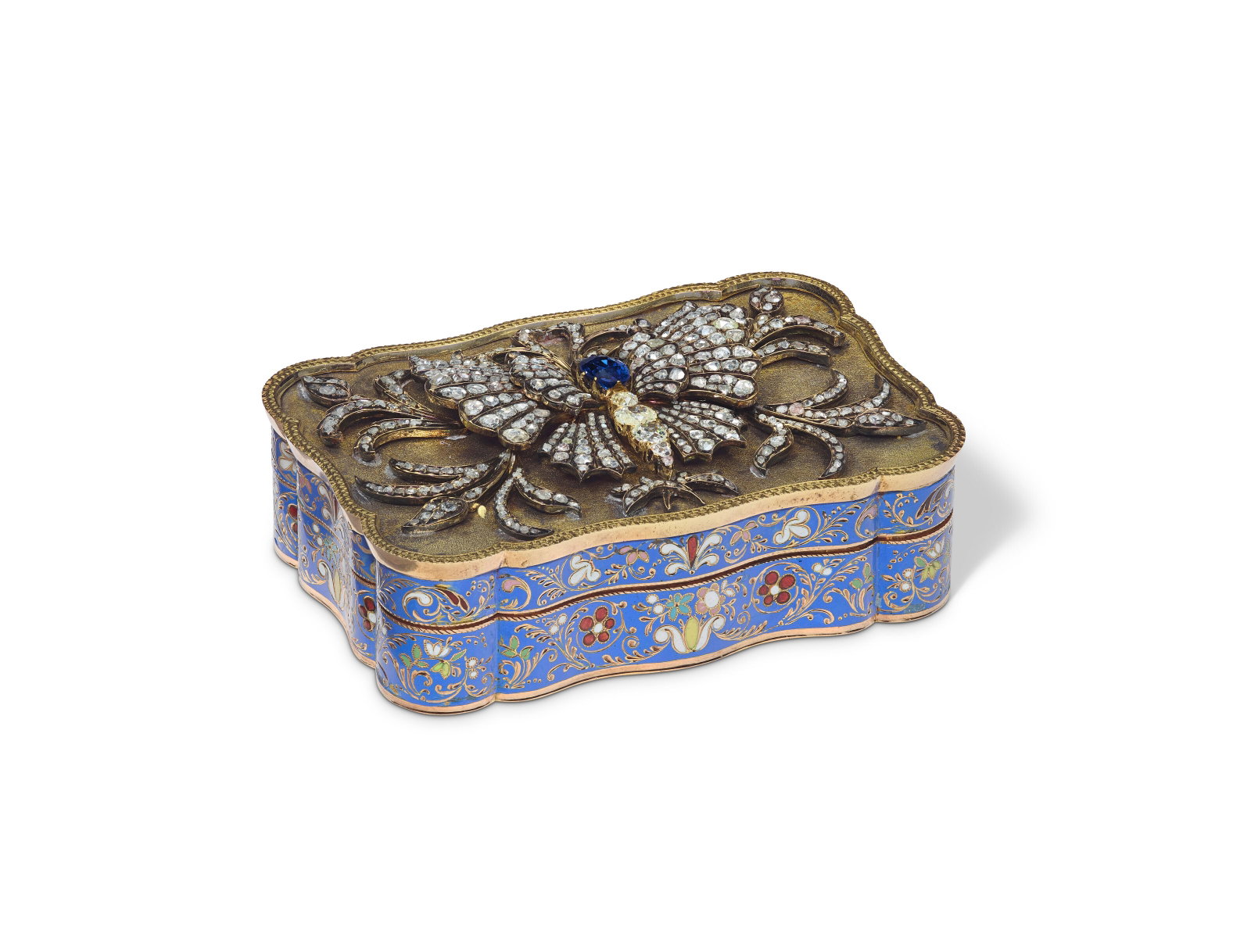 A RARE SWISS GEM-SET GOLD AND ENAMEL SNUFF BOX FOR THE TURKISH MARKET GENEVA, SECOND HALF 19TH: A RARE SWISS GEM-SET GOLD AND ENAMEL SNUFF BOX FOR THE TURKISH MARKET GENEVA, SECOND HALF 19TH CENTURY Details Shaped rectangular, the cover applied with a butterfly and foliage in diamonds centered b