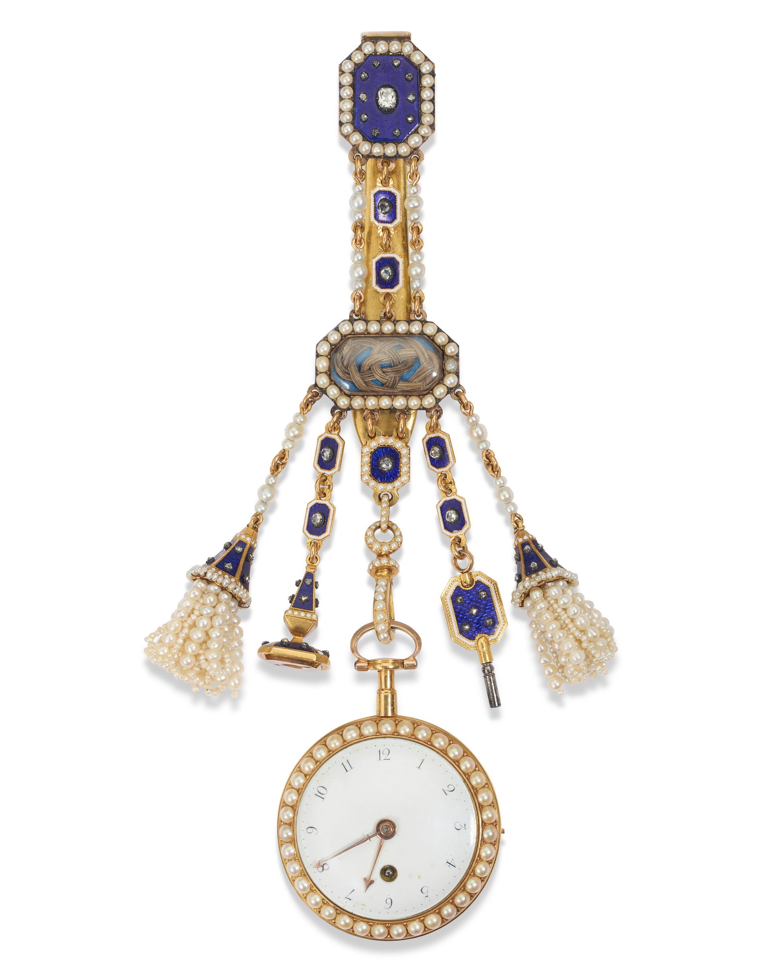 A GEORGE II PEARL AND DIAMOND-SET GOLD AND ENAMEL CHATELAINE WITH WATCH LONDON, MID-18TH CENTURY, (1 of 2)