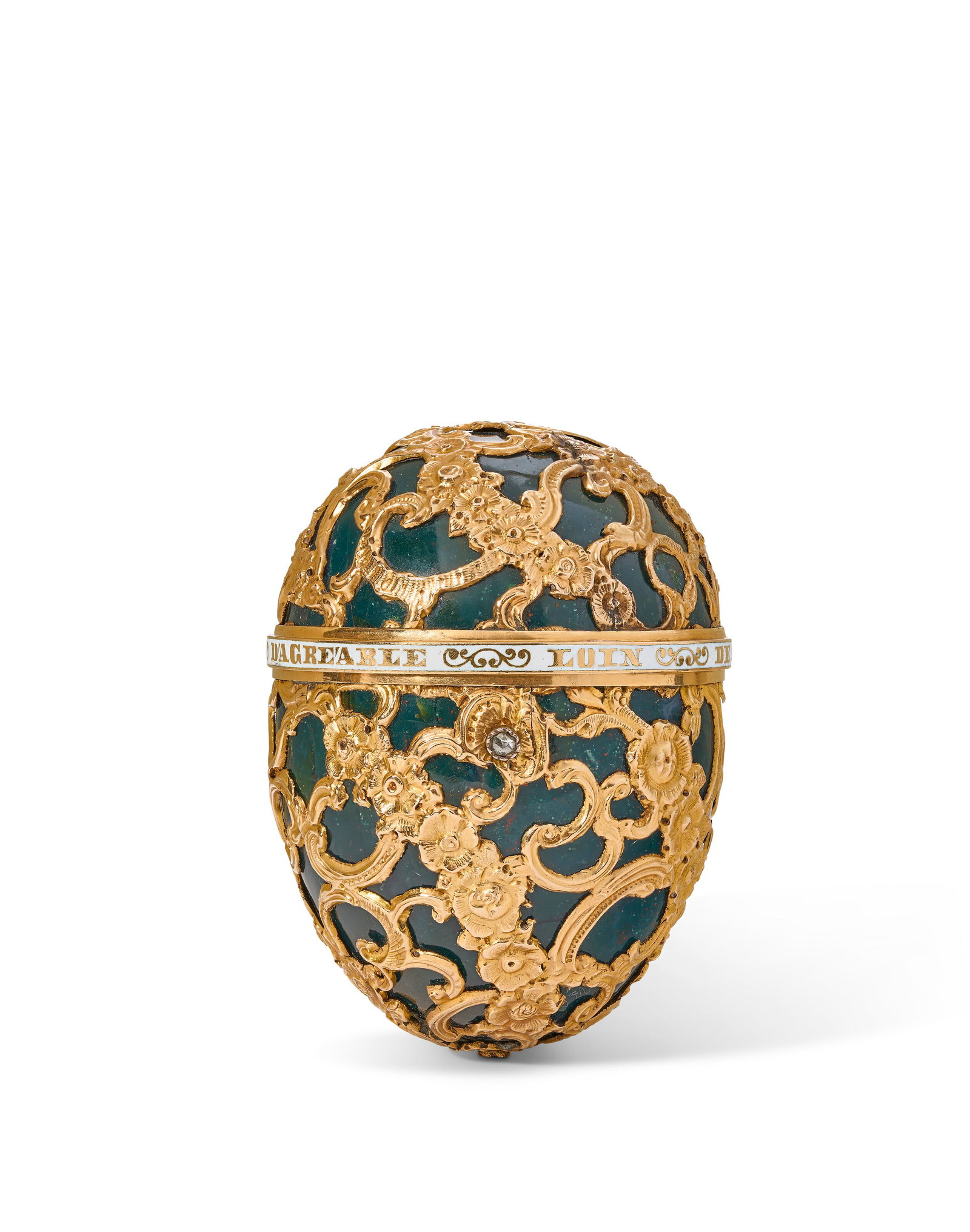 A GEORGE III ENAMELED GOLD-MOUNTED BLOODSTONE EGG-FORM BOX CIRCA 1760 AND LATER (1 of 3)