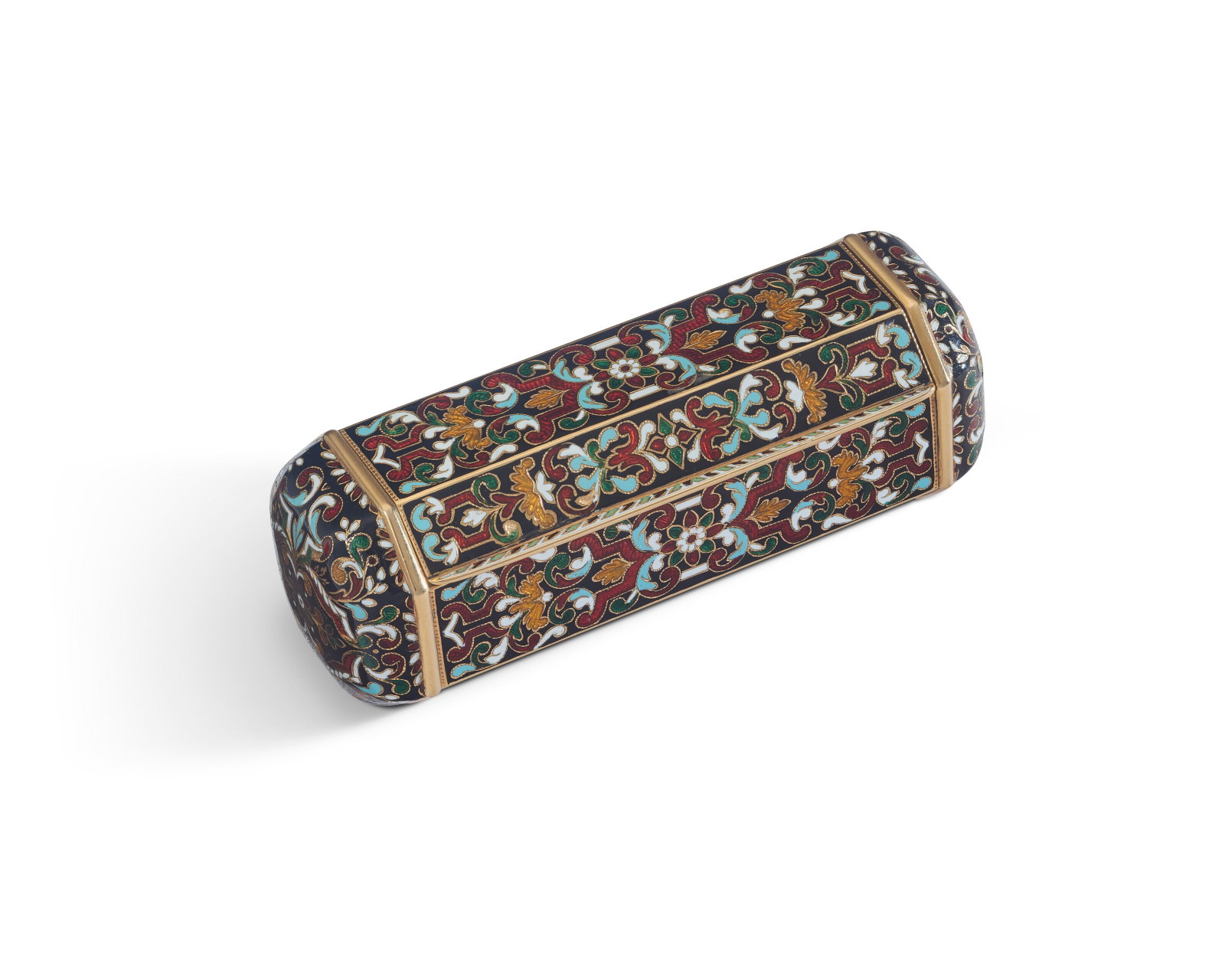 A NOVEL FRENCH GOLD AND ENAMEL SNUFF BOX MARK OF JACQUES DECOR, PARIS, CIRCA 1850: A NOVEL FRENCH GOLD AND ENAMEL SNUFF BOX MARK OF JACQUES DECOR, PARIS, CIRCA 1850 Details Of elongated octagonal form, enameled overall with red, blue, green, white and yellow stylized scrolling folia