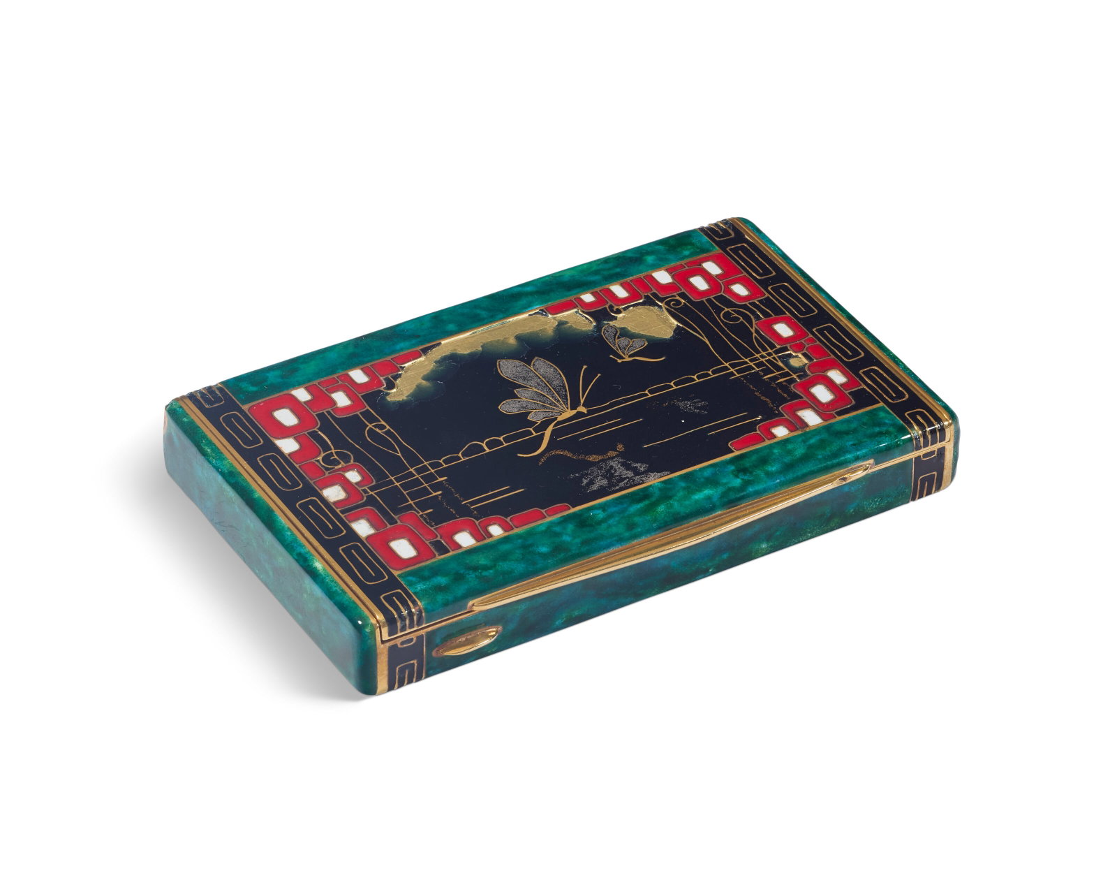 A FRENCH ART DECO GOLD AND ENAMEL CIGARETTE CASE CIRCA 1930: A FRENCH ART DECO GOLD AND ENAMEL CIGARETTE CASE CIRCA 1930 Details Rectangular, the cover and underside enameled in imitation of lacquer with stylized dragonflies over a pond with mountains in the ba