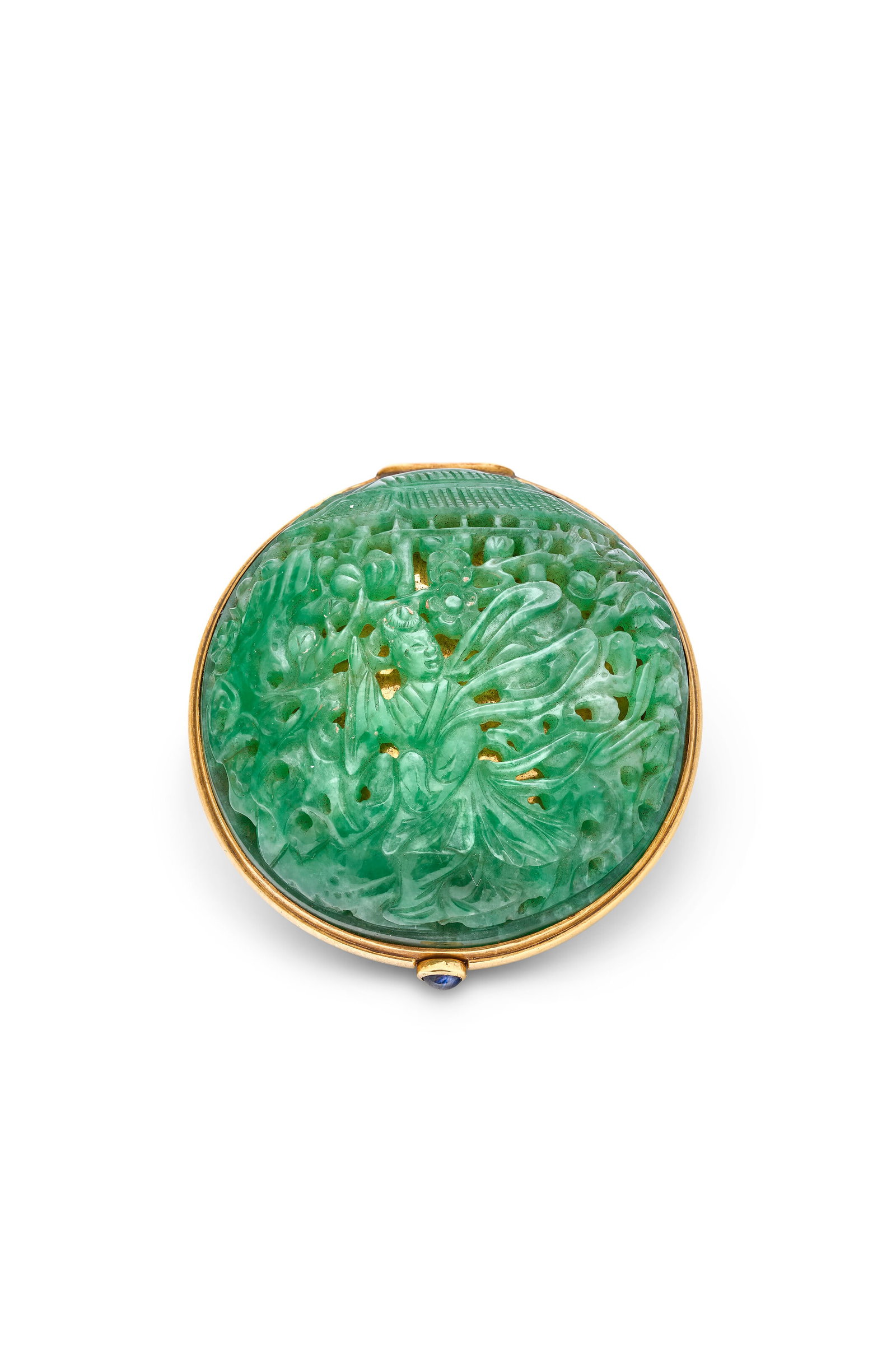 A JADEITE-MOUNTED GOLD PILL BOX POSSIBLY AMERICAN, EARLY 20TH CENTURY, THE JADEITE CHINESE, CIRCA (1 of 3)