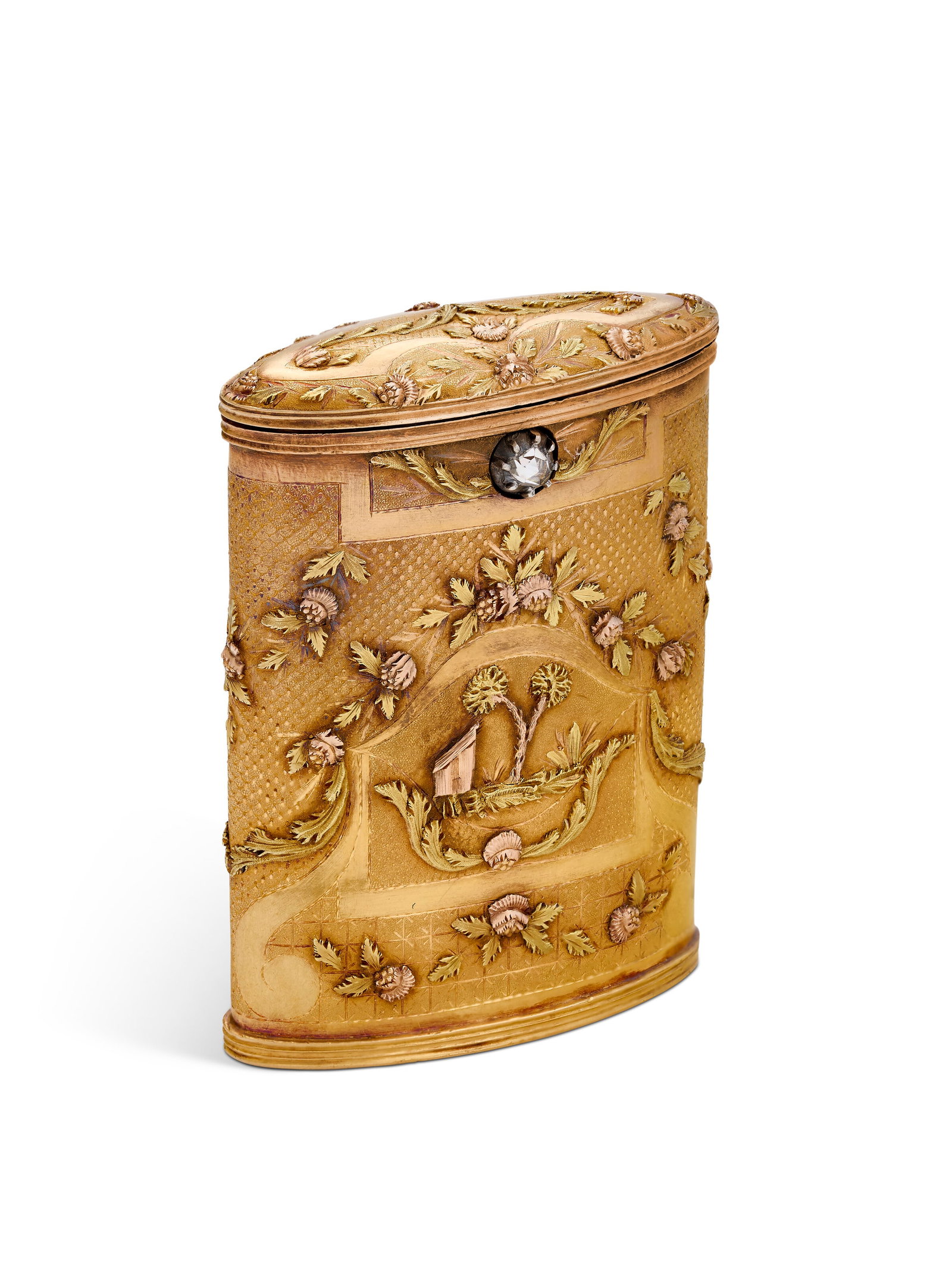 A MEXICAN VARI-COLORED GOLD CHEROOT CASE MEXICO CITY, 1823-1843, ASSAY MASTER CAYETANO BUITRÓN,: A MEXICAN VARI-COLORED GOLD CHEROOT CASE MEXICO CITY, 1823-1843, ASSAY MASTER CAYETANO BUITRÓN, 20 KARAT MARK Details Of flattened oval form, chased in high relief on both sides with flowerheads,