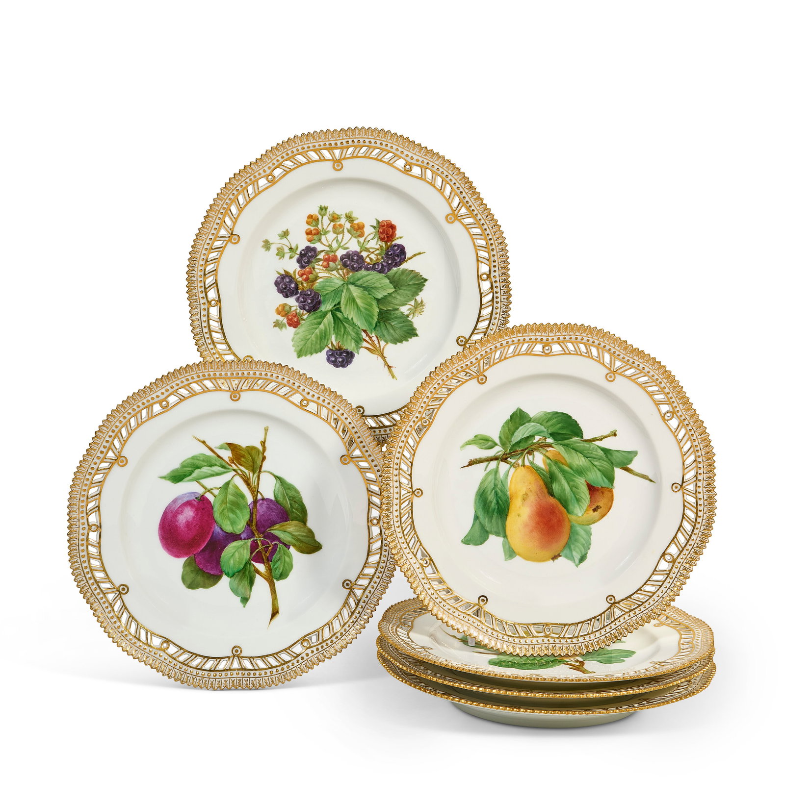 SIX ROYAL COPEHNHAGEN PORCELAIN RETICULATED FRUIT PLATES 20TH CENTURY, BLUE WAVE AND GREEN PRINTED: SIX ROYAL COPEHNHAGEN PORCELAIN RETICULATED FRUIT PLATES 20TH CENTURY, BLUE WAVE AND GREEN PRINTED MARKS, SHAPE NO. 3554 Details Each finely painted with a vibrant fruit, including raspberries, blackb