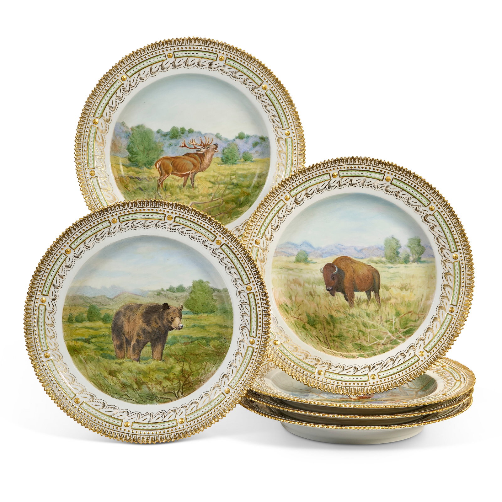 SIX ROYAL COPENHAGEN PORCELAIN ZOOLOGICAL 'GAME' PLATES 20TH CENTURY, BLUE WAVE AND GREEN PRINTED: SIX ROYAL COPENHAGEN PORCELAIN ZOOLOGICAL 'GAME' PLATES 20TH CENTURY, BLUE WAVE AND GREEN PRINTED MARKS, SHAPE NO. 3549 Details Each finely painted with a different animal in a landscape, identified i