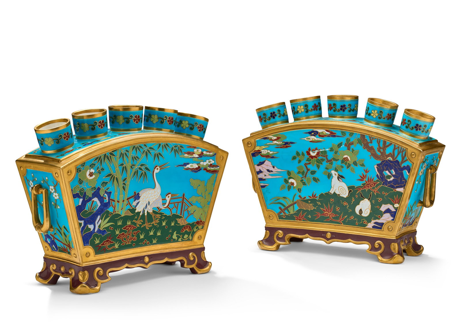 TWO MINTON PORCELAIN AESTHETIC MOVEMENT TURQUOISE-GROUND FLOWER VASES CIRCA 1868, PARTIAL IMPRESSED: TWO MINTON PORCELAIN AESTHETIC MOVEMENT TURQUOISE-GROUND FLOWER VASES CIRCA 1868, PARTIAL IMPRESSED UPPERCASE MARKS, DATE CYPHER TO ONE, THE DESIGN ATTRIBUTED TO CHRISTOPHER DRESSER Details In the Chi