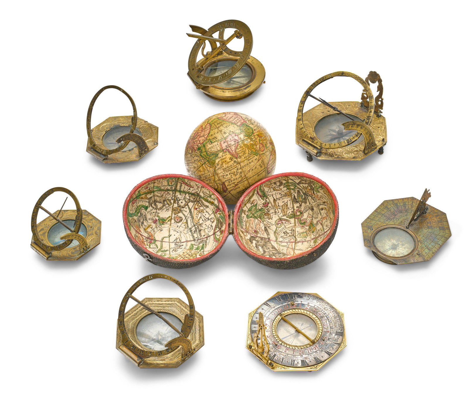 SEVEN ENGLISH AND FRENCH BRASS COMPASS SUNDIALS AND A POCKET GLOBE 18TH/19TH CENTURY (1 of 4)