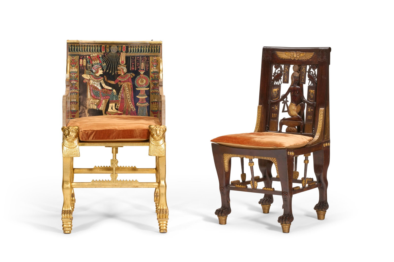 AN EGYPTIAN-REVIVAL PARCEL-GILT, POLYCHROME-DECORATED AND MOTHER-OF-PEARL ARMCHAIR AND A PARCEL-GILT (1 of 3)