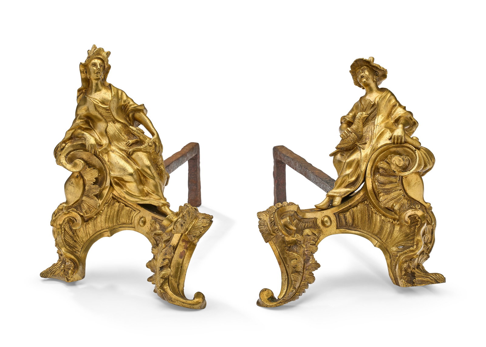 A PAIR OF EARLY LOUIS XV ORMOLU CHENETS CIRCA 1735, THE FIGURES OF A SLIGHTLY HEAVIER CAST BUT (1 of 4)