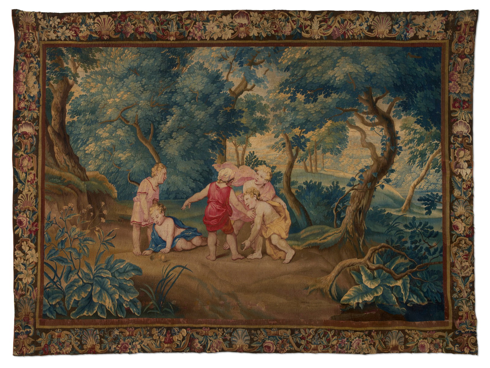 A BEAUVAIS TAPESTRY PROBABLY AFTER A DESEGN BY FLORENTIN DAMOISELET, EARLY 18TH CENTURY: A BEAUVAIS TAPESTRY PROBABLY AFTER A DESEGN BY FLORENTIN DAMOISELET, EARLY 18TH CENTURY Details From the series Les Jeux d'Enfants, depicting Le Jeu de Boules, reduced in size Approximately 95 in. (24