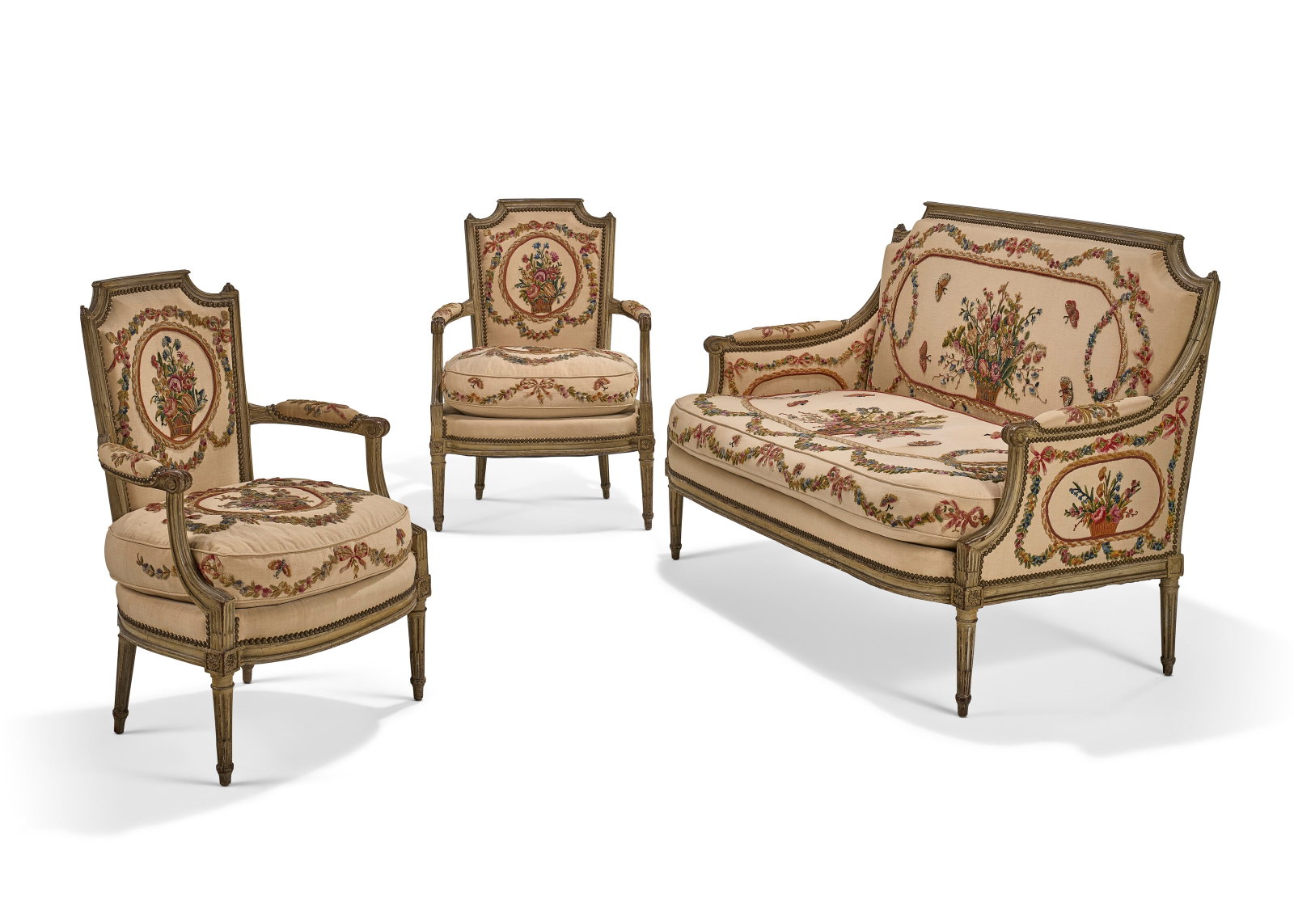 A SUITE OF LOUIS XVI GREY-PAINTED SEAT FURNITURE BY MARC GAUTRON, CIRCA 1785 (1 of 4)