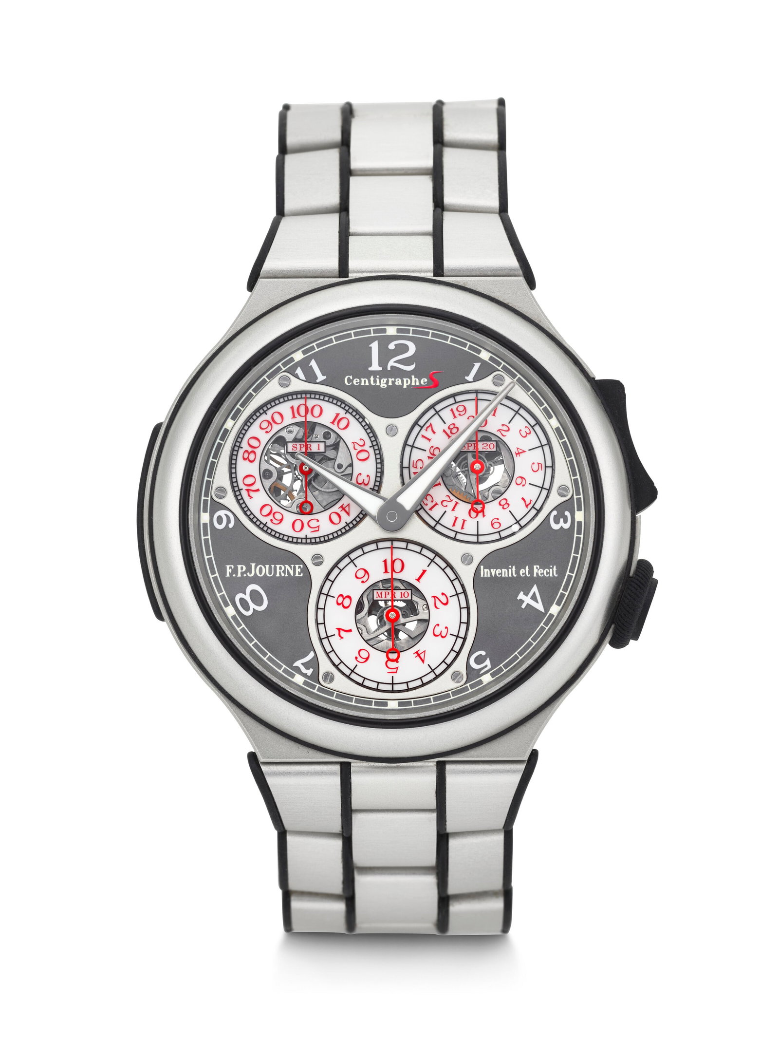 F.P. JOURNE. A LIGHTWEIGHT AND SPORTY ALUMINIUM AND RUBBER CHRONOGRAPH WRISTWATCH WITH 100TH OF A (1 of 4)