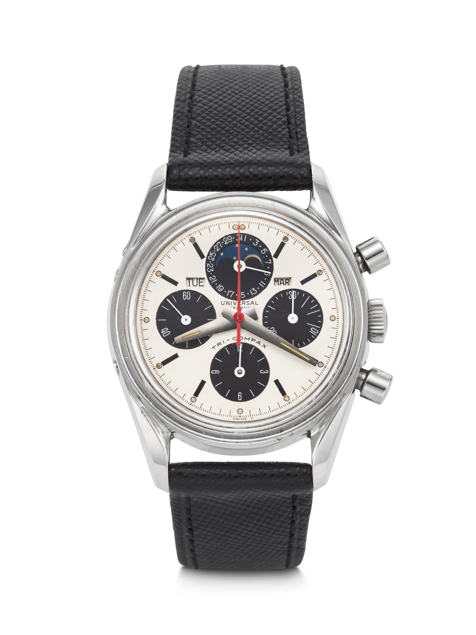 UNIVERSAL GENEVE. A VERY RARE AND HIGHLY ATTRACTIVE STAINLESS STEEL TRIPLE CALENDAR CHRONOGRAPH: UNIVERSAL GENEVE. A VERY RARE AND HIGHLY ATTRACTIVE STAINLESS STEEL TRIPLE CALENDAR CHRONOGRAPH WRISTWATCH WITH MOON PHASES TRI-COMPAX 'ERIC CLAPTON' MODEL, REF. 881101⁄1, CIRCA 1970s Details UN
