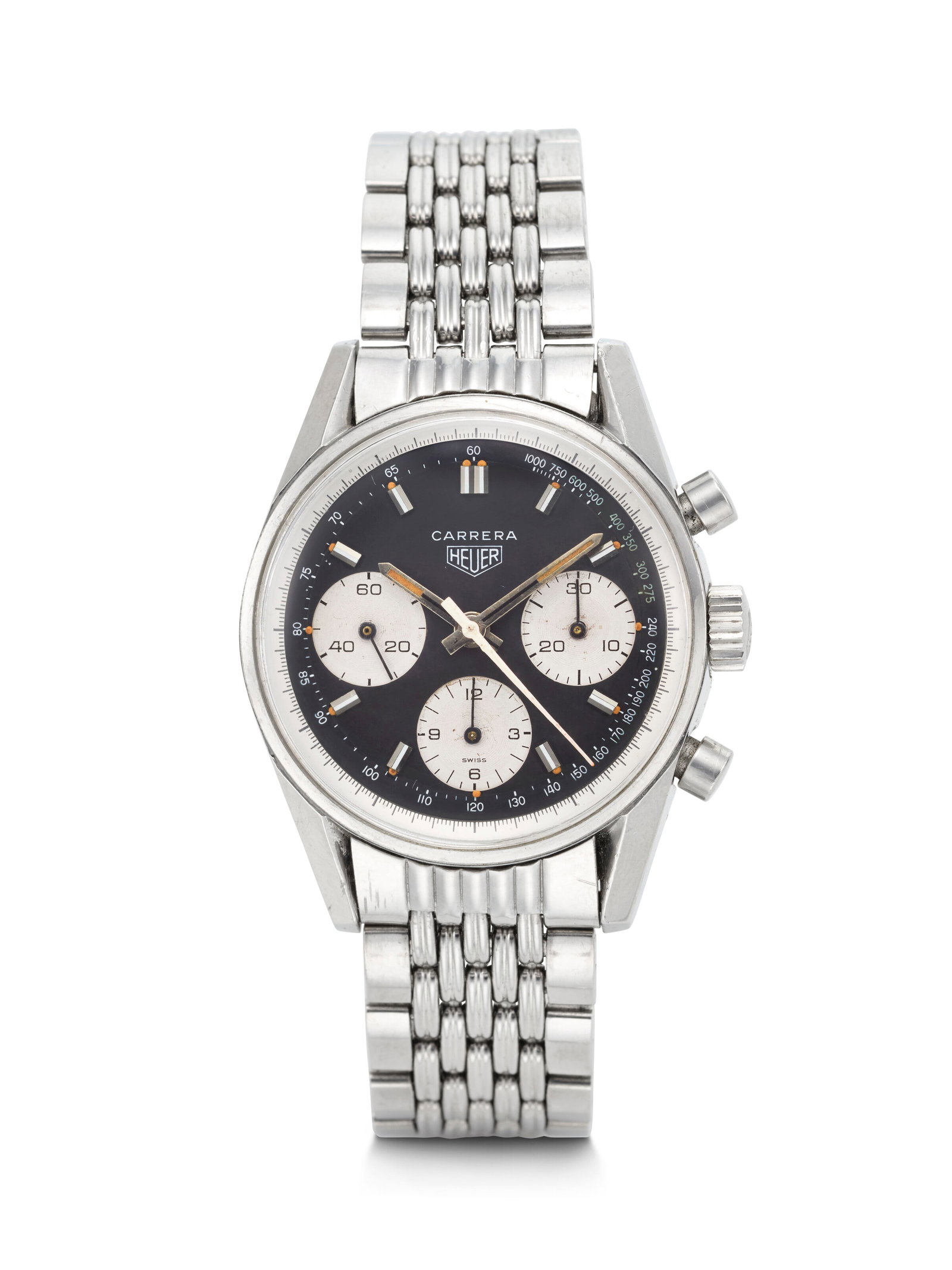HEUER. A HIGHLY ATTRACTIVE AND RARE STAINLESS STEEL CHRONOGRAPH WRISTWATCH WITH BRACELET CARRERA: HEUER. A HIGHLY ATTRACTIVE AND RARE STAINLESS STEEL CHRONOGRAPH WRISTWATCH WITH BRACELET CARRERA MODEL, REF. 2447NST, CASE NO. 104’944, CIRCA 1960s Details HEUER. A HIGHLY ATTRACTIVE AND RARE ST