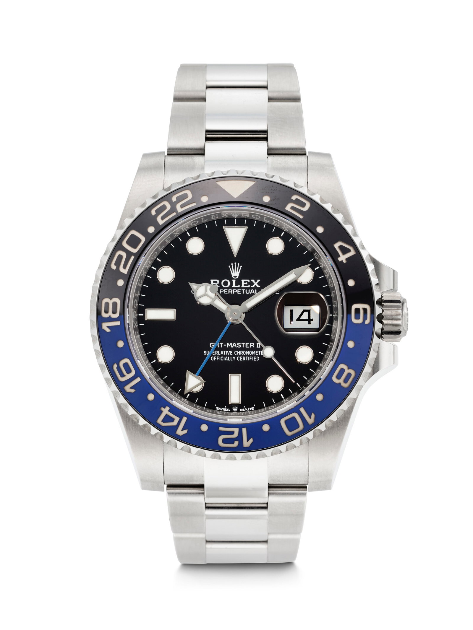 ROLEX. A SPORTY STAINLESS STEEL AUTOMATIC DUAL TIME WRISTWATCH WITH SWEEP CENTER SECONDS, DATE, AND: ROLEX. A SPORTY STAINLESS STEEL AUTOMATIC DUAL TIME WRISTWATCH WITH SWEEP CENTER SECONDS, DATE, AND BRACELET GMT-MASTER II 'BATMAN' MODEL, REF. 126710BLNR, CASE NO. 088SE493, CIRCA 2021 Details ROLEX.