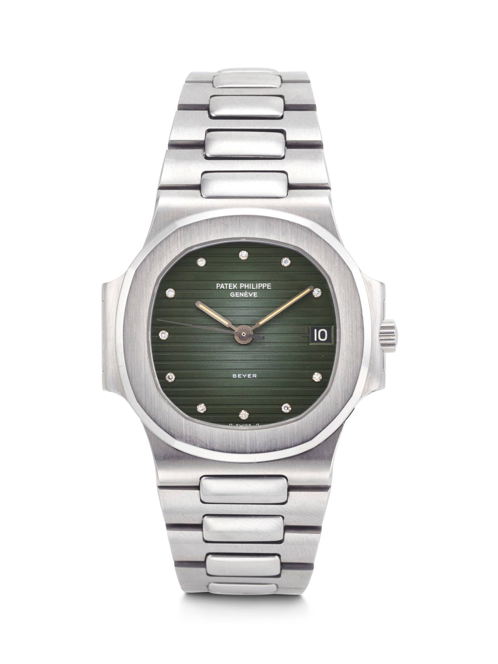 PATEK PHILIPPE. AN EXTREMELY ATTRACTIVE AND RARE STAINLESS STEEL AUTOMATIC WRISTWATCH WITH 'GREEN': PATEK PHILIPPE. AN EXTREMELY ATTRACTIVE AND RARE STAINLESS STEEL AUTOMATIC WRISTWATCH WITH 'GREEN' DIAMOND-SET DIAL, DATE, AND BRACELET, RETAILED BY BEYER NAUTILUS MODEL, RETAILED BY BEYER, REF. 3800&