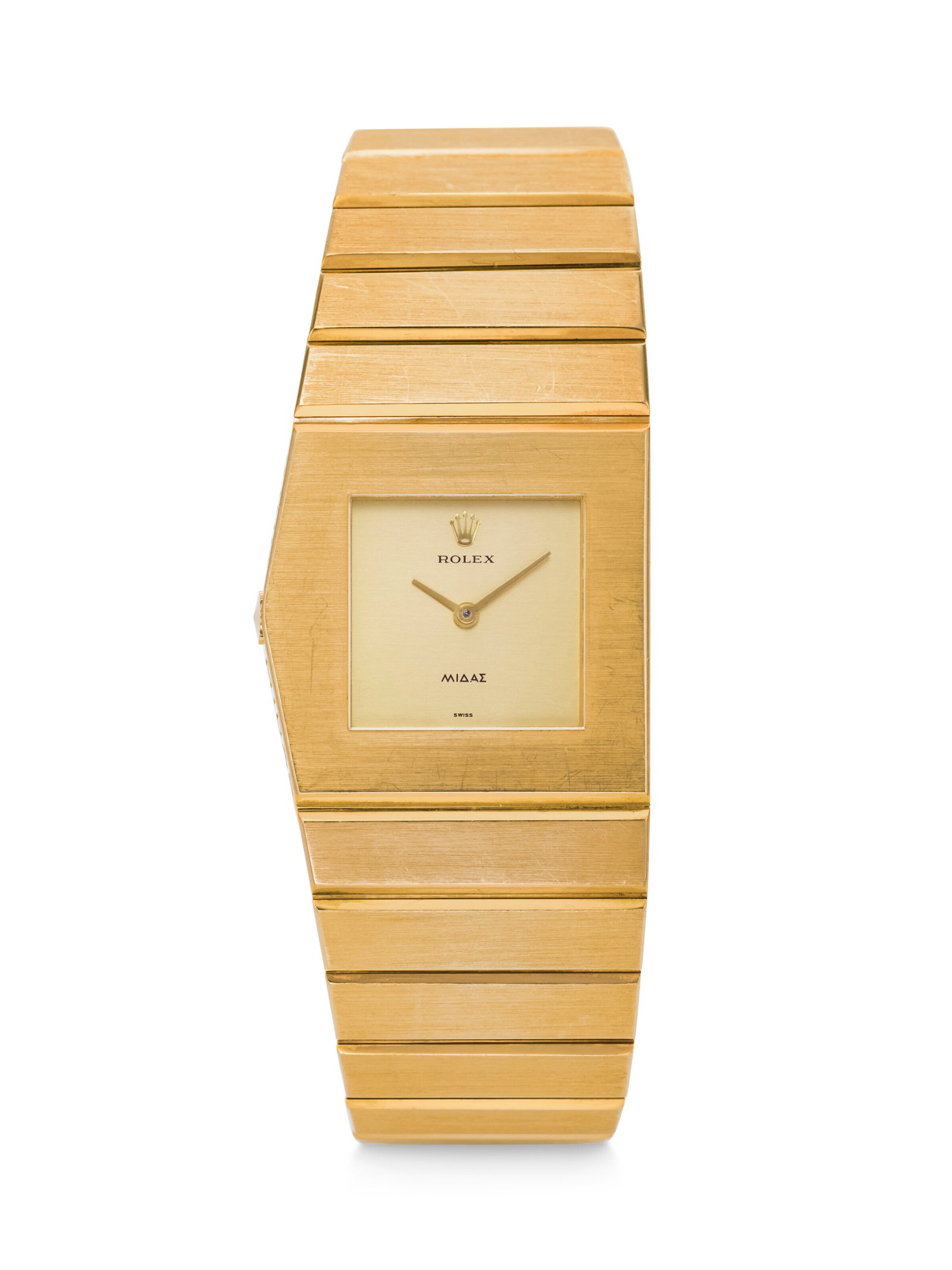 ROLEX. A RARE AND HEAVY 18K GOLD ASYMMETRIC DESTRO WRISTWATCH WITH INTEGRATED 18K GOLD ‘KING: ROLEX. A RARE AND HEAVY 18K GOLD ASYMMETRIC DESTRO WRISTWATCH WITH INTEGRATED 18K GOLD ‘KING MIDAS’ BRACELET KING MIDAS MODEL, REF. 9630, CASE NO. 2'927'041, NO. 656, CIRCA 1972 Details RO