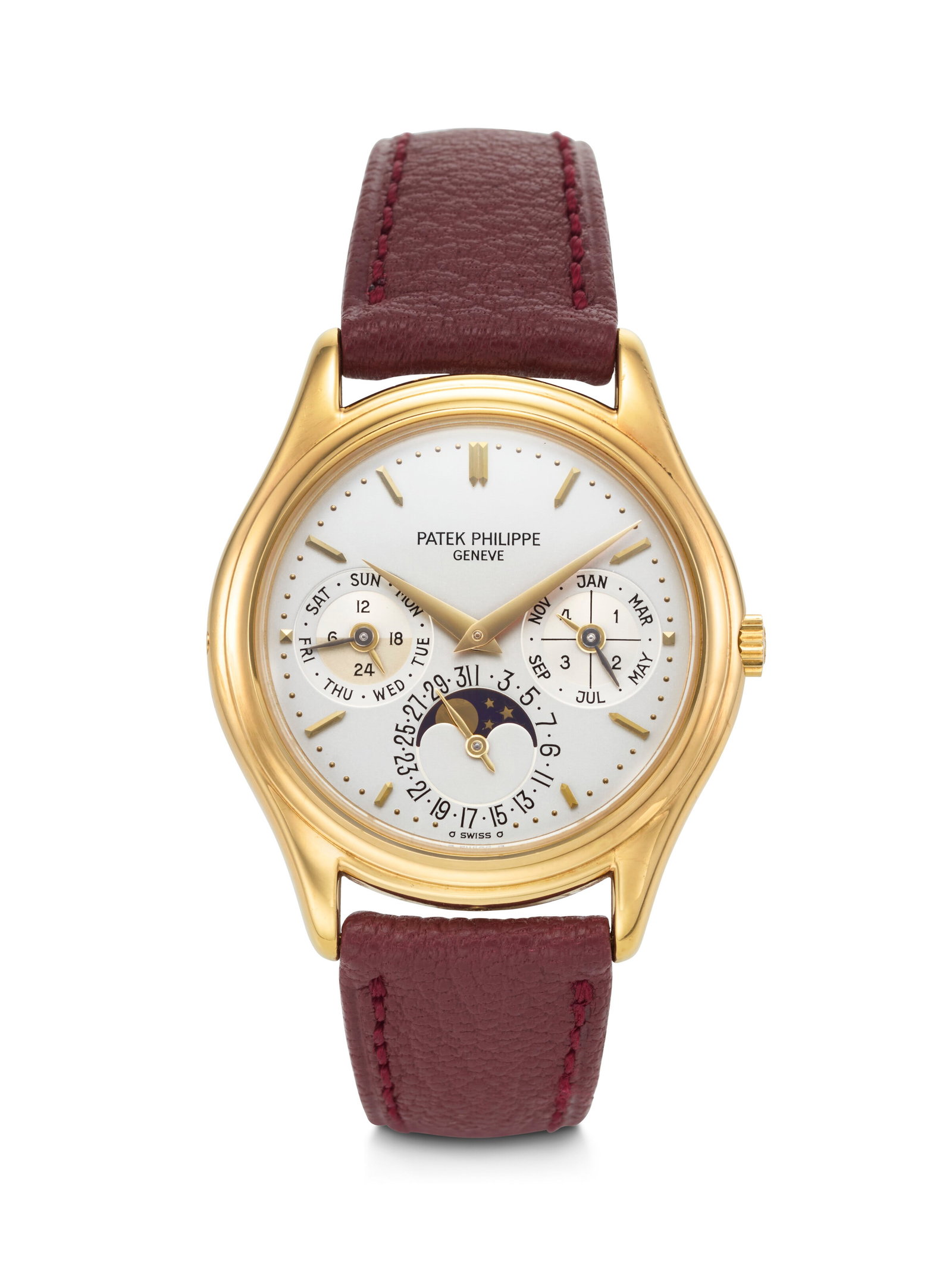 PATEK PHILIPPE. AN EXTREMELY RARE AND HIGHLY COVETED 18K GOLD AUTOMATIC PERPETUAL CALENDAR: PATEK PHILIPPE. AN EXTREMELY RARE AND HIGHLY COVETED 18K GOLD AUTOMATIC PERPETUAL CALENDAR WRISTWATCH WITH MOON PHASES, 24-HOURS, LEAP YEAR INDICATION AND SNAP-ON SAPPHIRE CASEBACK REF. 3941, MOVEMENT