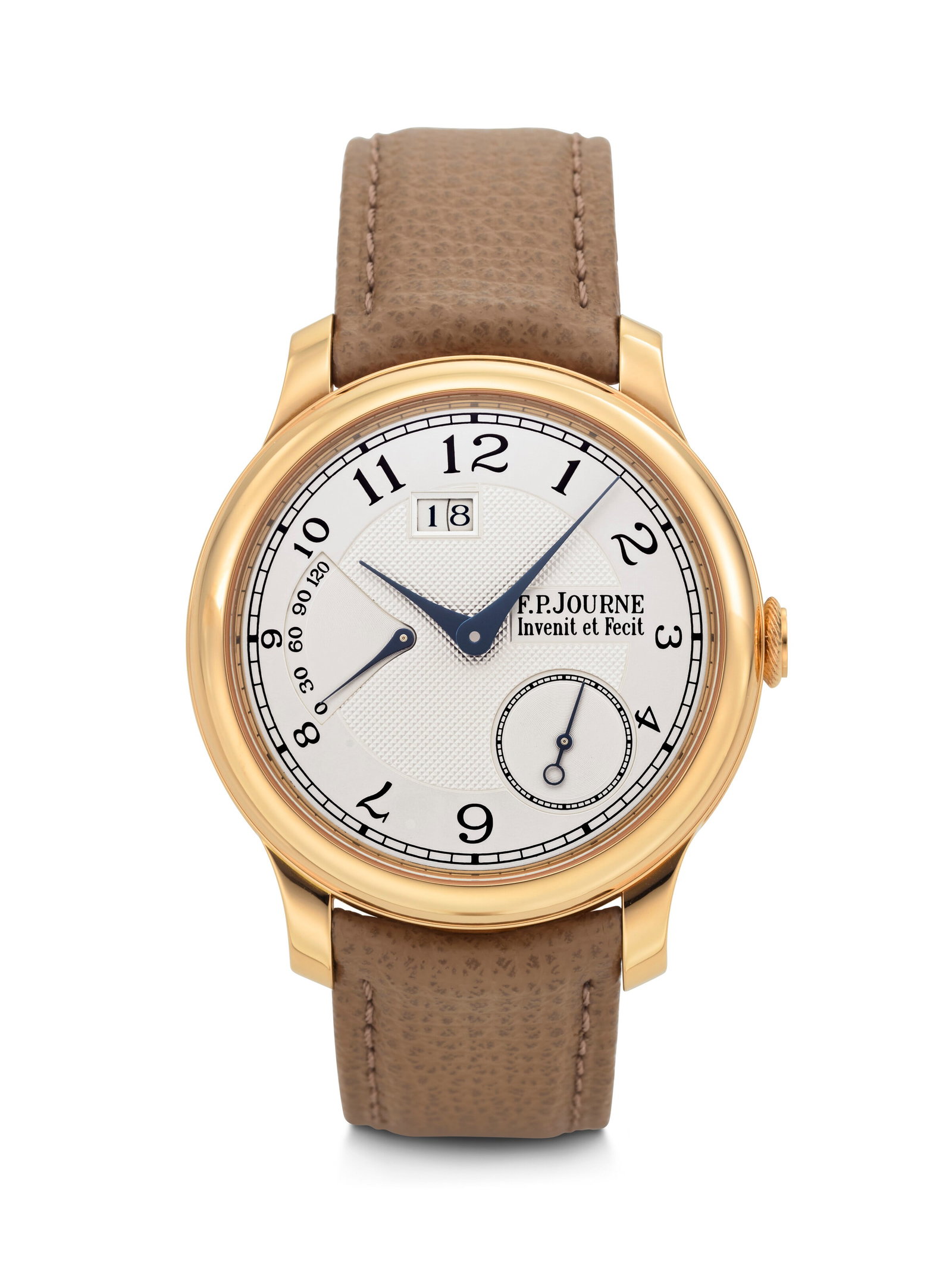 F.P. JOURNE. A HIGHLY COVETED AND ATTRACTIVE 18K PINK GOLD AUTOMATIC WRISTWATCH WITH OUTSIZED DATE: F.P. JOURNE. A HIGHLY COVETED AND ATTRACTIVE 18K PINK GOLD AUTOMATIC WRISTWATCH WITH OUTSIZED DATE AND POWER RESERVE OCTA AUTOMATIQUE RÉSERVE MODEL, CASE NO. 317-AR, CIRCA 2012 Details F.P. JOURN