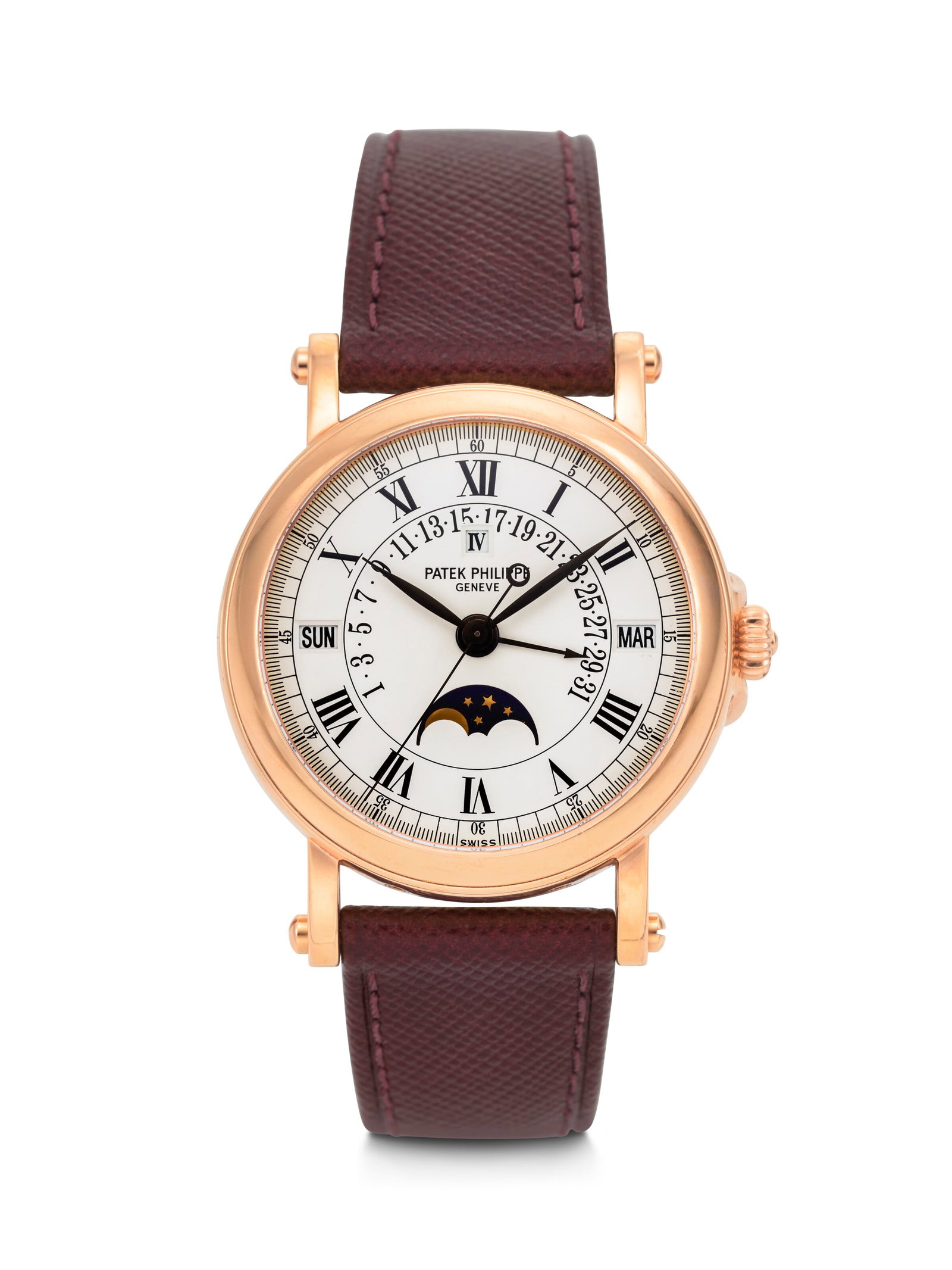 PATEK PHILIPPE. A HEAVY AND IMPRESSIVE 18K PINK GOLD AUTOMATIC OFFICER-CASE PERPETUAL CALENDAR: PATEK PHILIPPE. A HEAVY AND IMPRESSIVE 18K PINK GOLD AUTOMATIC OFFICER-CASE PERPETUAL CALENDAR WRISTWATCH WITH RETROGRADE DATE, MOON PHASES, AND LEAP YEAR INDICATION PERPETUAL CALENDAR MODEL, REF. 505