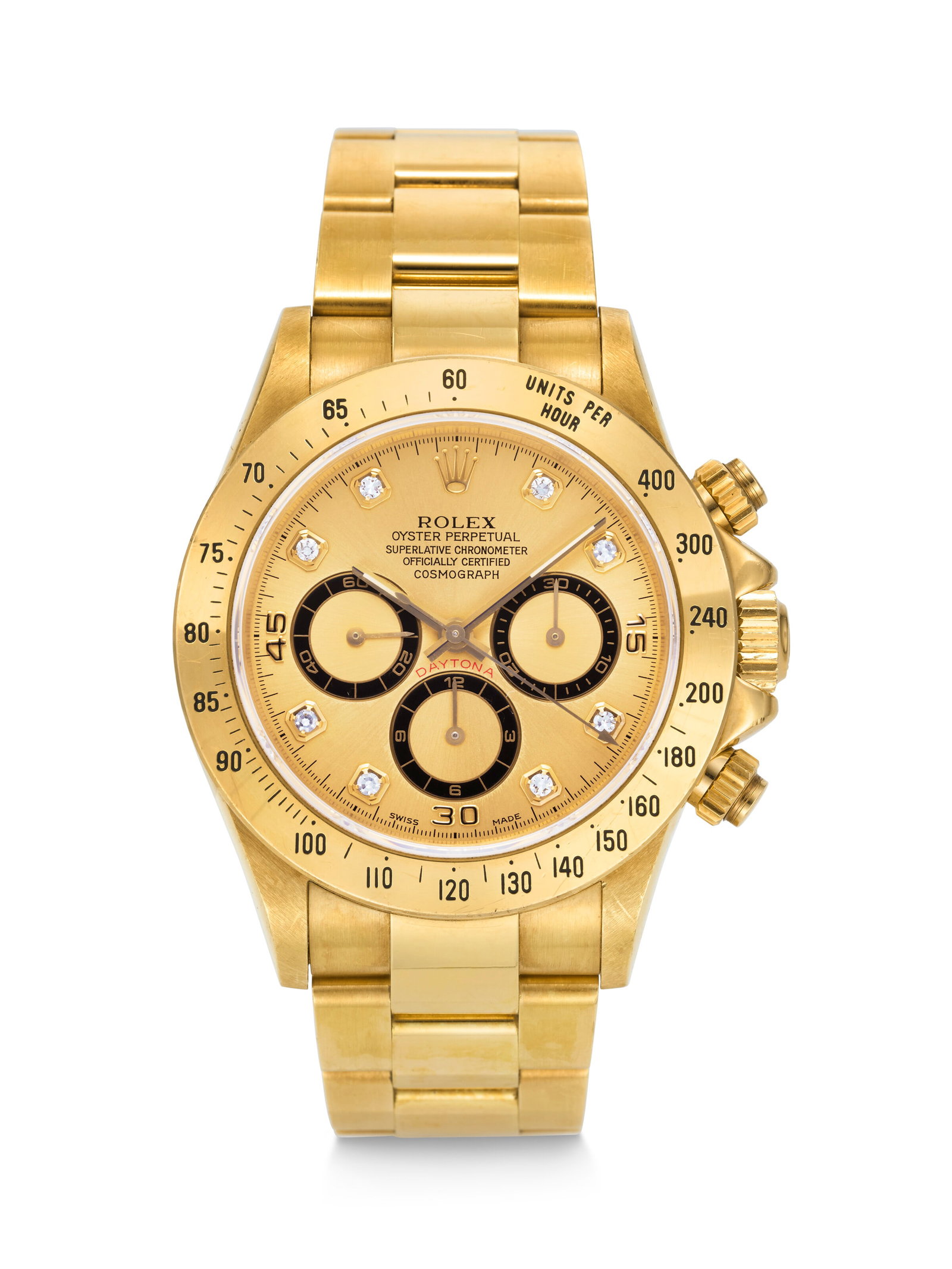 ROLEX. A COVETED AND ATTRACTIVE 18K GOLD AUTOMATIC CHRONOGRAPH WRISTWATCH WITH BRACELET AND: ROLEX. A COVETED AND ATTRACTIVE 18K GOLD AUTOMATIC CHRONOGRAPH WRISTWATCH WITH BRACELET AND DIAMOND-SET DIAL DAYTONA ‘ZENITH’ MODEL, REF. 16528, CASE NO. N231823, CIRCA 1991 Details ROLEX.