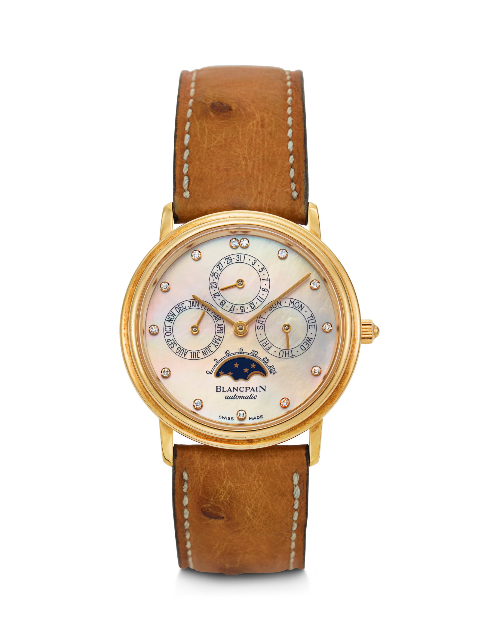 BLANCPAIN. AN ELEGANT 18K GOLD AUTOMATIC PERPETUAL CALENDAR WRISTWATCH WITH MOTHER OF PEARL DIAMOND (1 of 3)