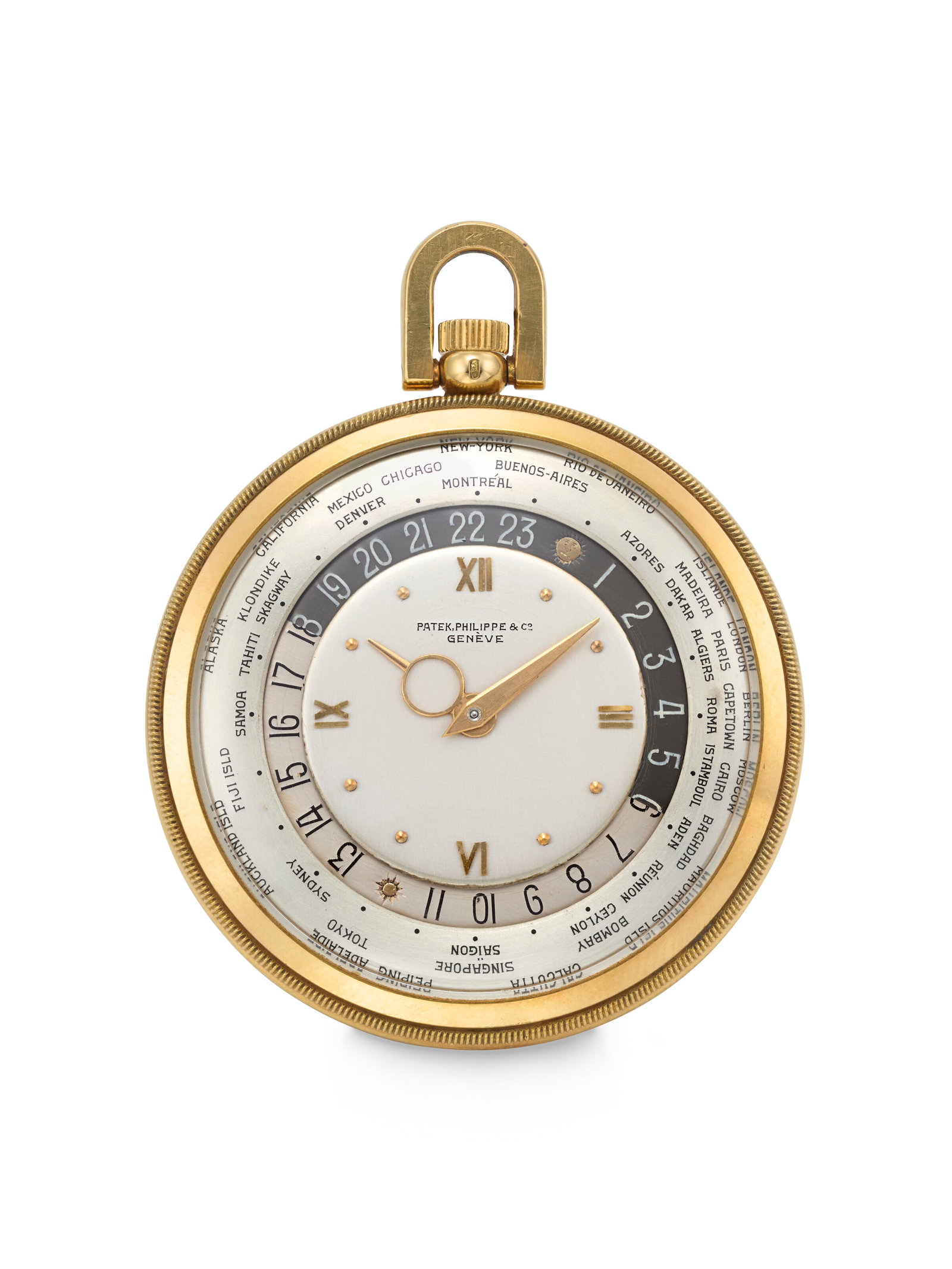 PATEK PHILIPPE. AN EXTREMELY RARE, ELEGANT AND EARLY 18K GOLD WORLD TIME KEYLESS LEVER OPEN-FACE (1 of 4)