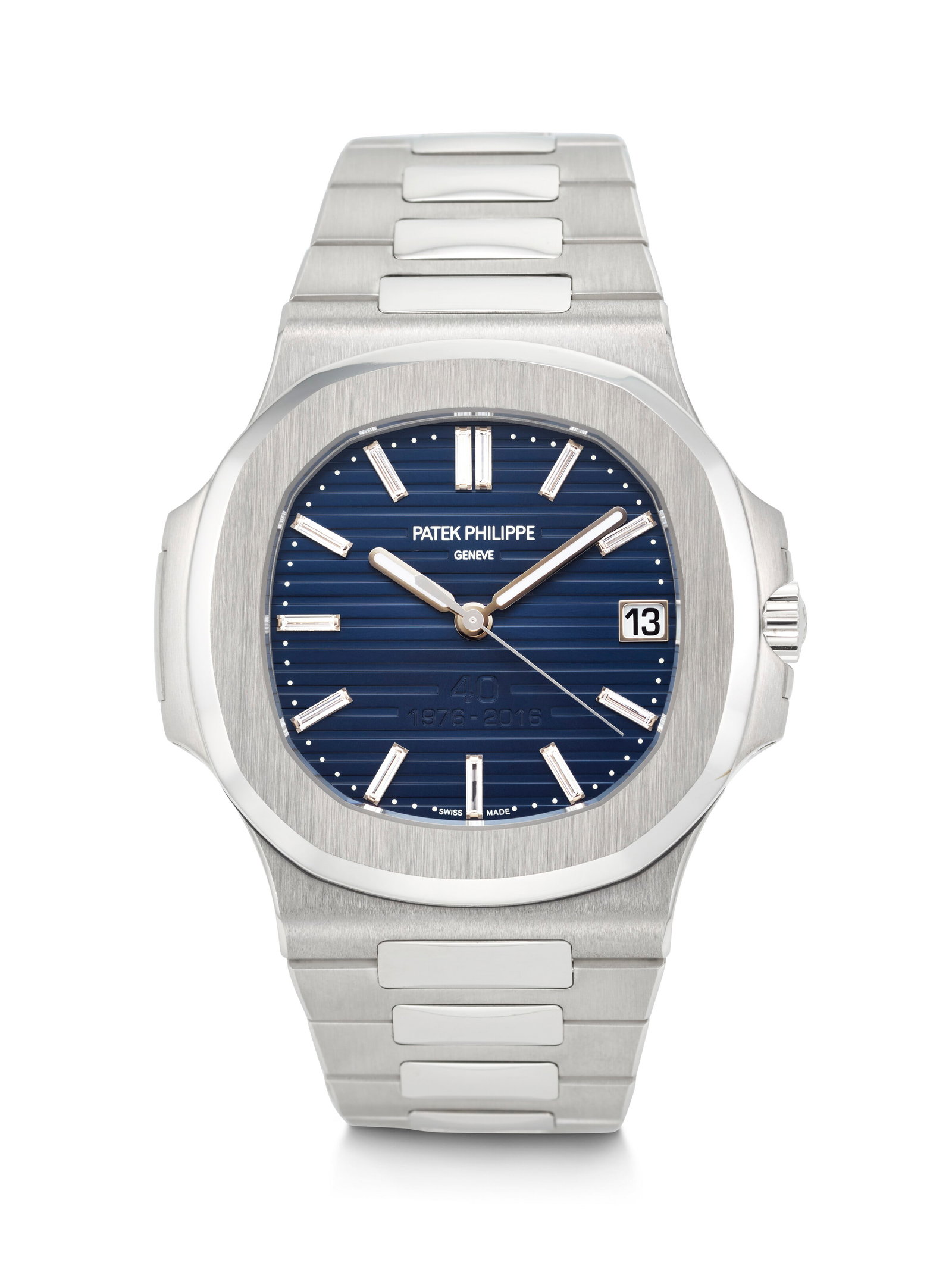 PATEK PHILIPPE. AN EXTREMELY COVETED, HEAVY, AND WELL-PRESERVED PLATINUM LIMITED EDITION AUTOMATIC: PATEK PHILIPPE. AN EXTREMELY COVETED, HEAVY, AND WELL-PRESERVED PLATINUM LIMITED EDITION AUTOMATIC WRISTWATCH WITH DATE, BRACELET, AND BLUE ANNIVERSARY BAGUETTE DIAMOND-SET DIAL, MADE TO COMMEMORATE T
